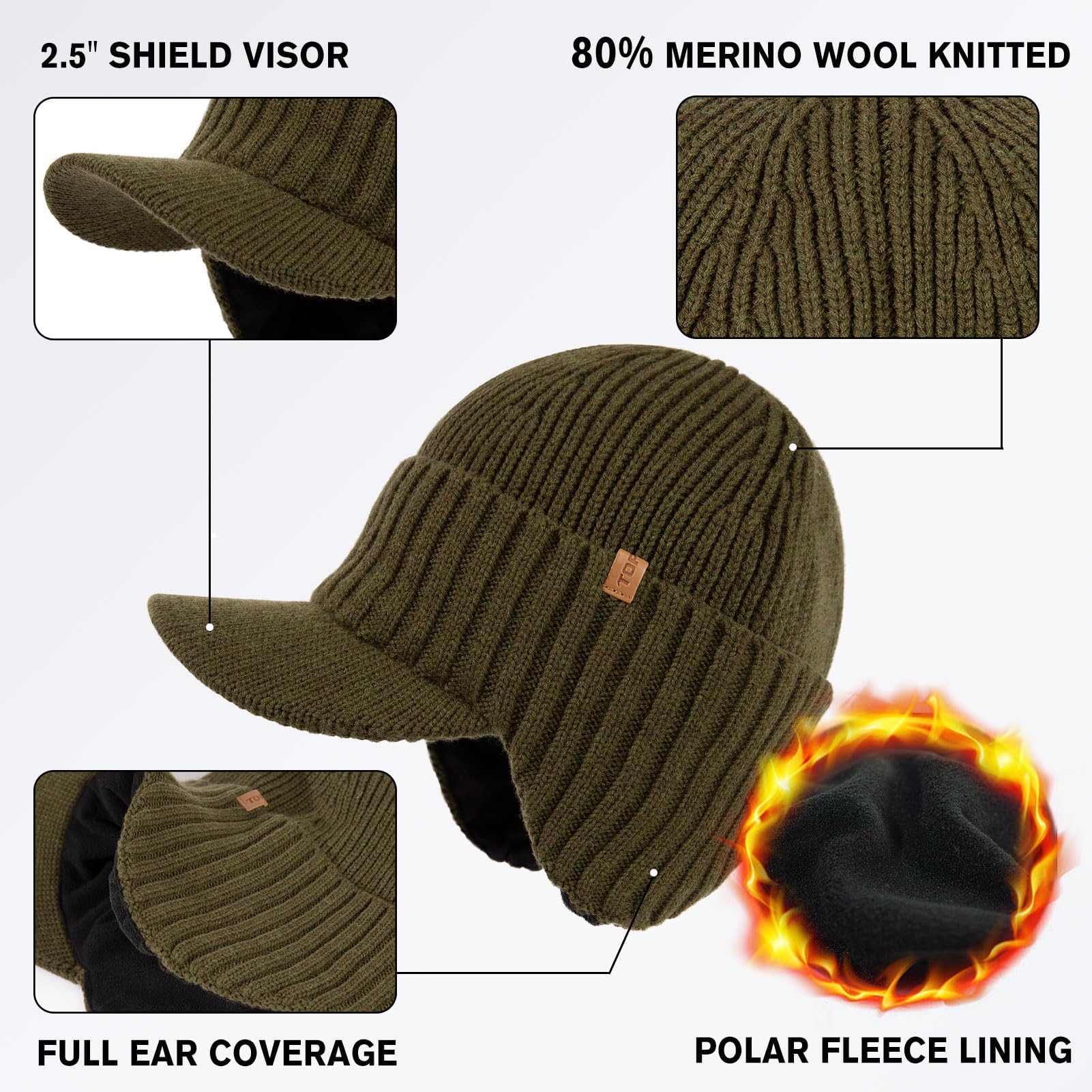 TOP-EX DryKnit™ - Berretto da uomo con visiera in 80% lana merino, impermeabile, con paraorecchie e fodera in pile, con visiera termica invernale da golf, per la stagione fredda, M-XXL, Verde, M/L