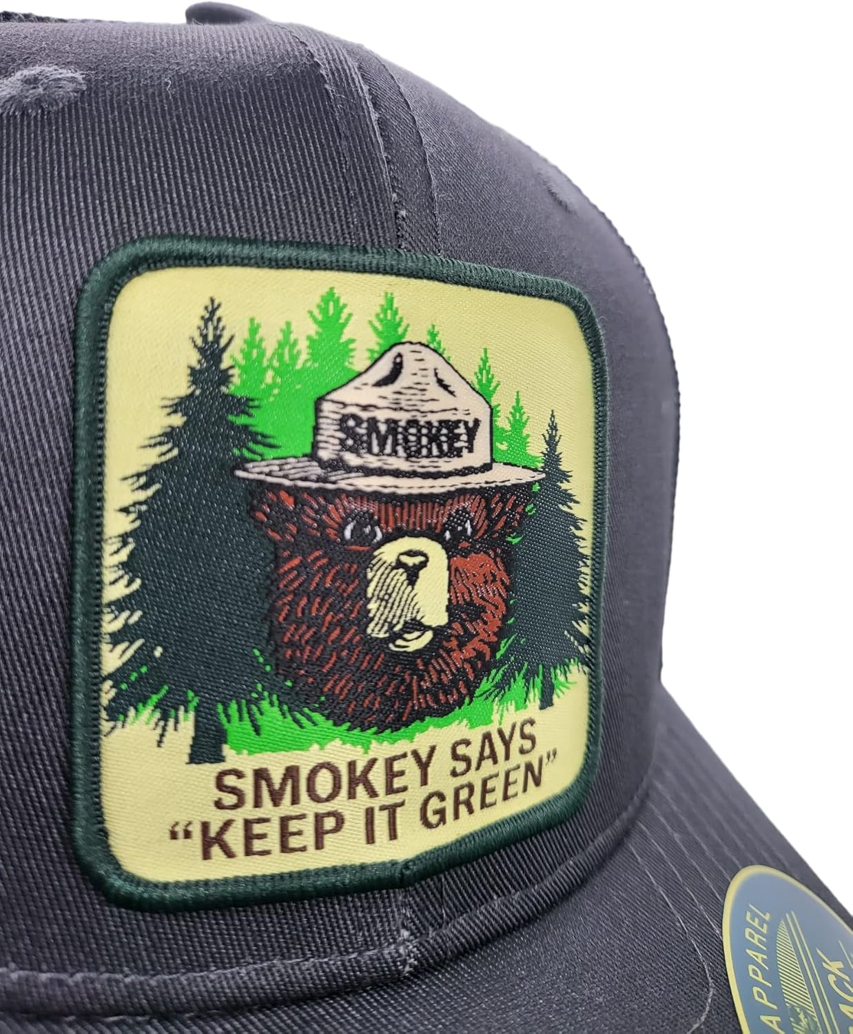 PNW Apparel Smokey the Bear Keep it Green Snapback Trucker Hat with Smokey the Bear Woven Patch