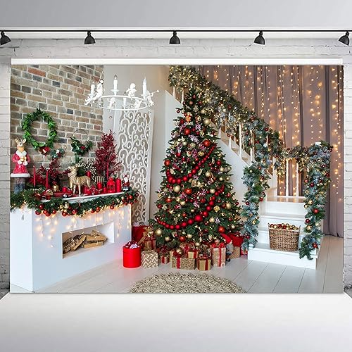 7x5ft Christmas Photography Backdrop Christmas Scene Xmas Tree Decoration Background for Photography Christmas Fireplace Photo Background for Family