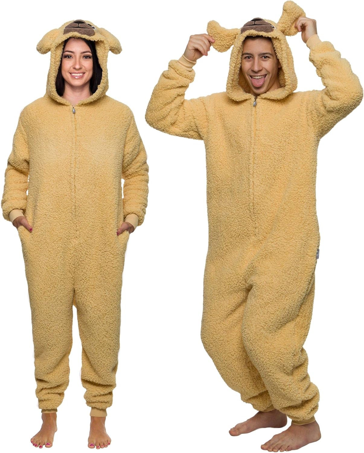 Funziez! Slim Fit Sherpa Adult Onesie - Animal Halloween Costume - Plush One Piece Cosplay Suit for Women and Men