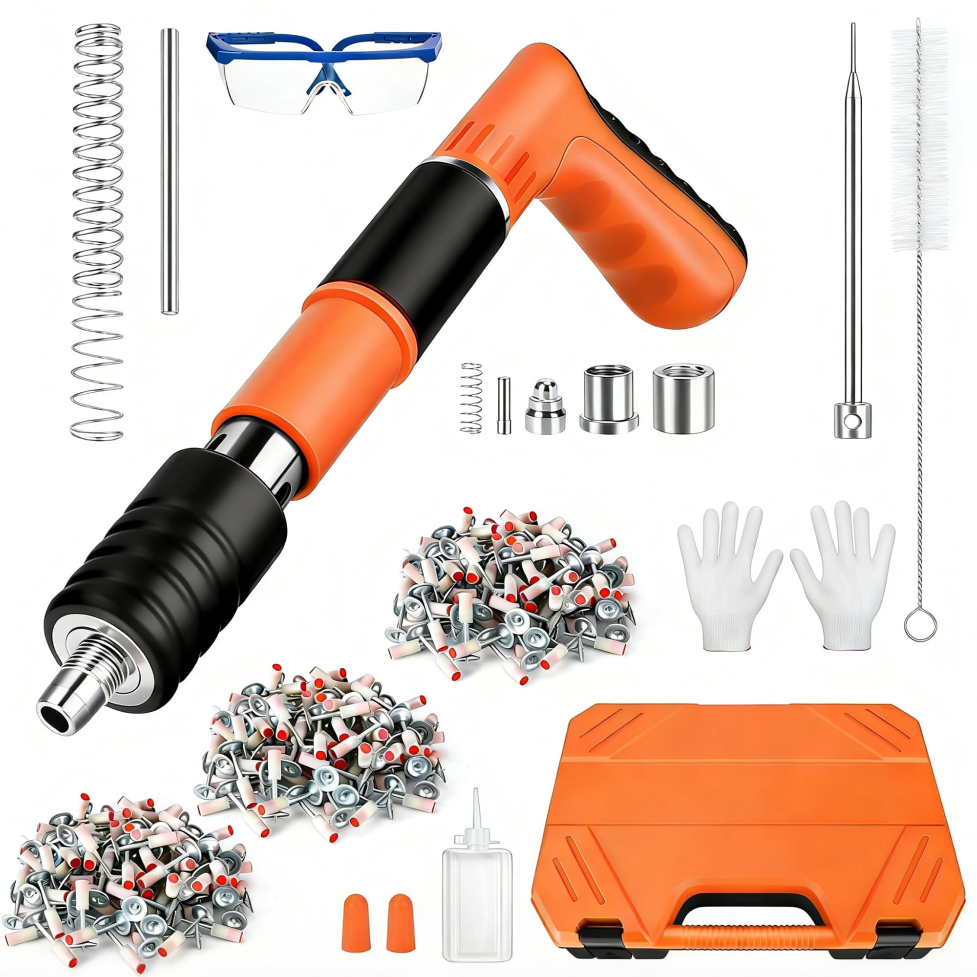 Clavadora De Hormigón, Clavadora De Remache, Pistola De Uñas Portátil Con 200 Clavos Redondos, Pistola Manual Con 5 Niveles De Regulación, Kit De Uñas De Hormigón, Para Paredes De Hormigón (Naranja)