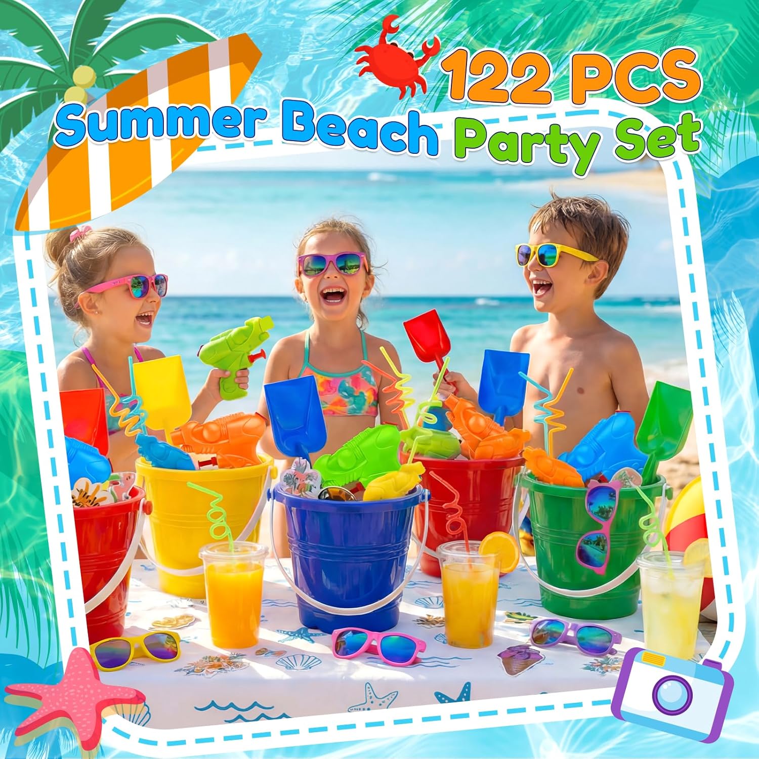 Pool Party Favors,Beach Summer Party Favors for Kids,122 PCS Beach Toys For Kids Ages 4-8,Summer Toys with Beach Balls,Kids Sunglasses,Sand Buckets,Sticky Toys-Pool Party Decorations