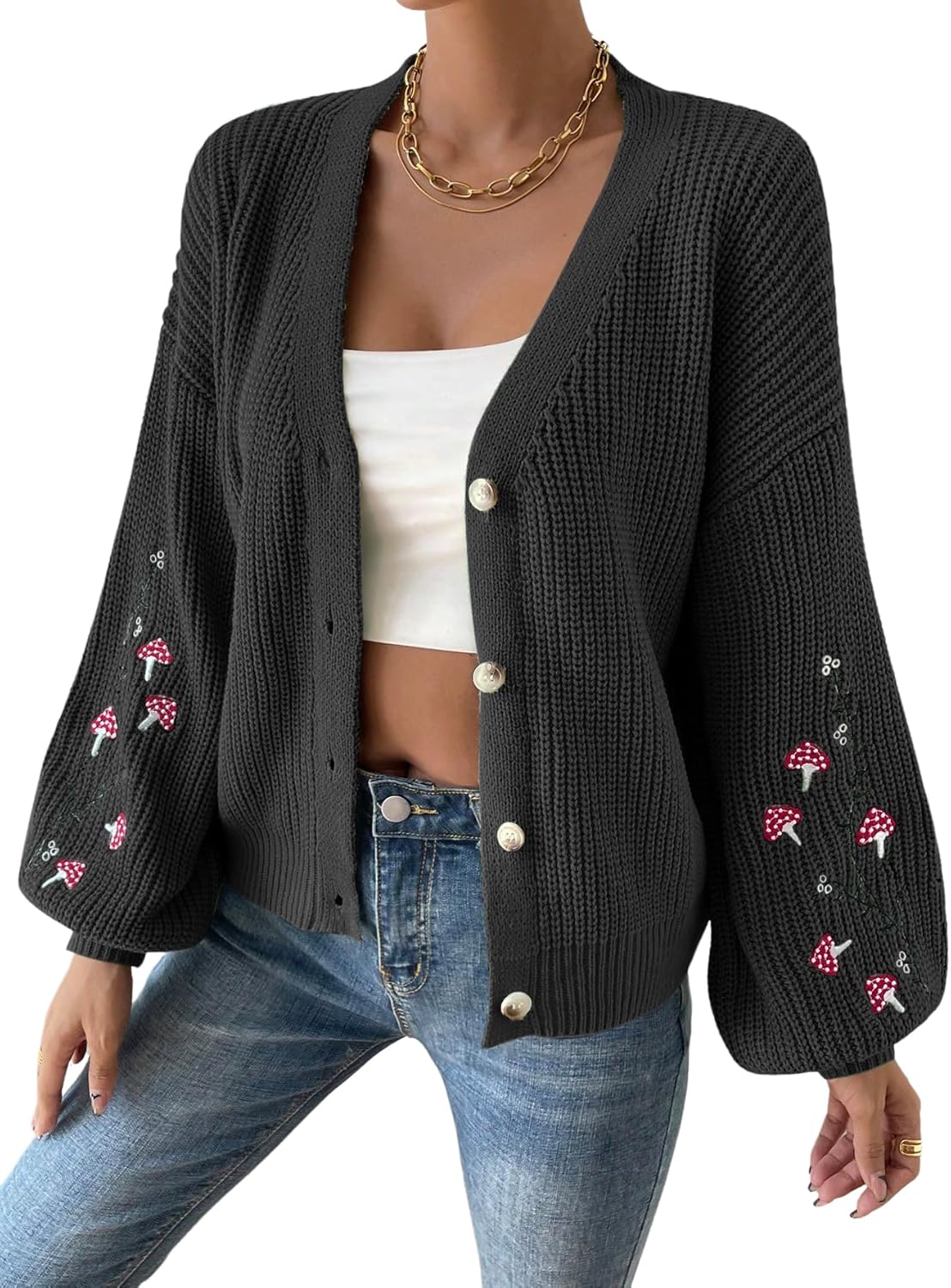 SHENHE Women's Embroidery Cardigan Drop Shoulder Button Front Duster Knit Sweater