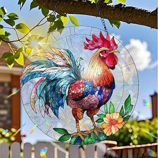 Colorful Acrylic Suncatcher, Chicken Hanging Decor with Printed Stained Glass Style Design, Rainbow Maker Wall Art, Sunshine Refractor Windows Indoor Outdoor Home Ornament with Chain 7.8 x 7.8 inch