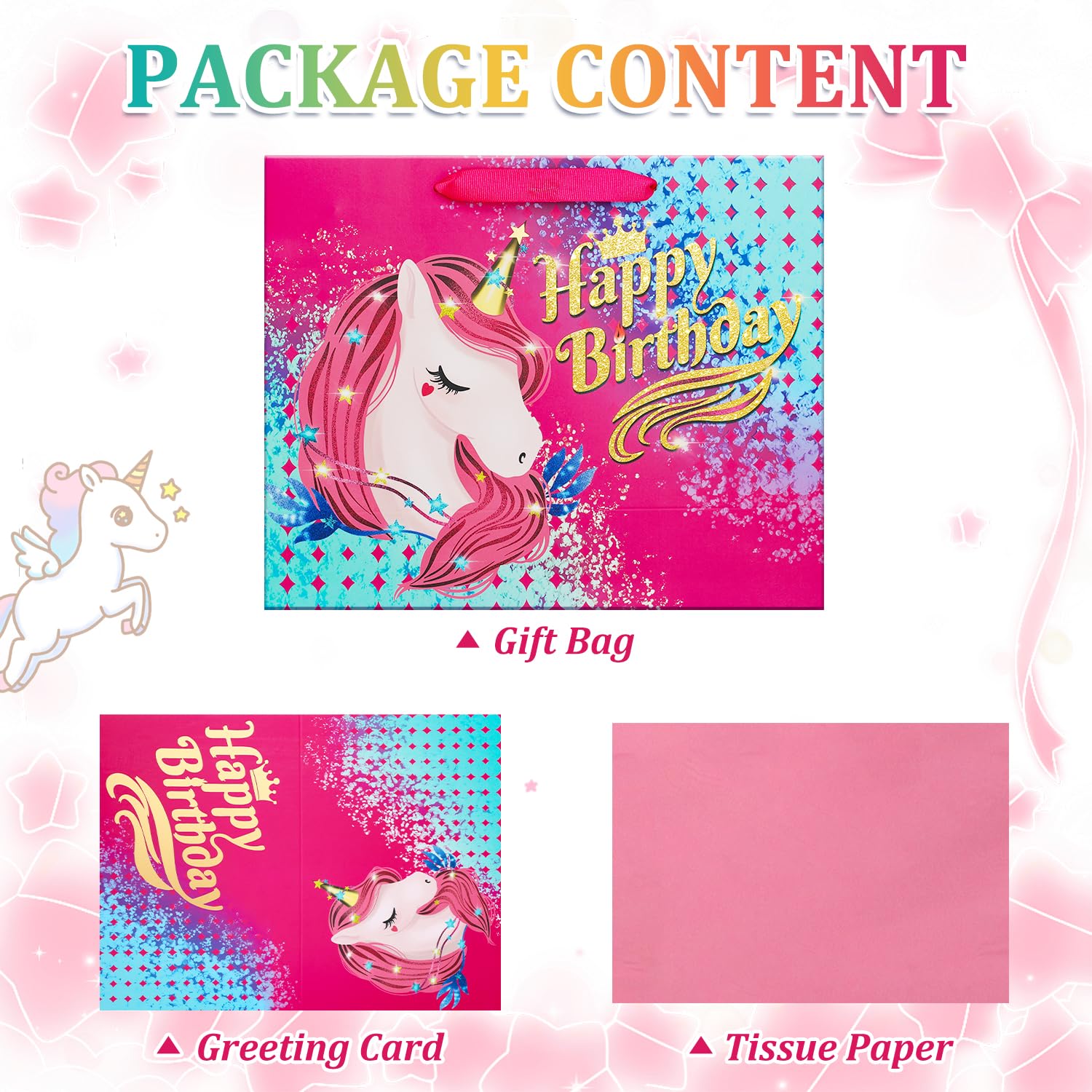 BeiLaad Unicorn Happy Birthday Gift Bag with Greeting Card and Tissue Paper, Birthday Gift Bags for Kids Girls Medium