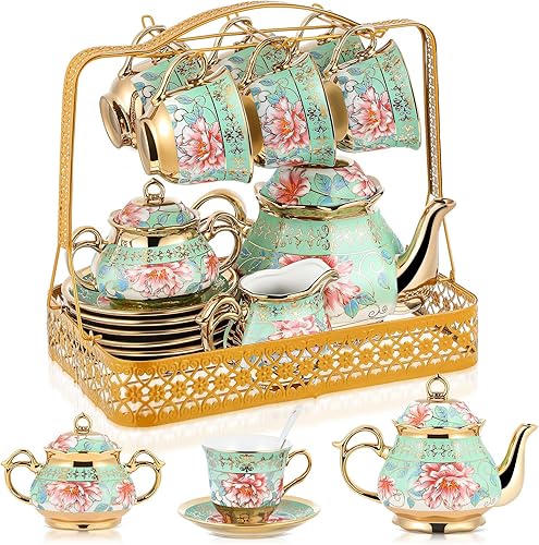 Miniatura 7 de Juego de té de porcelana de Navidad para adultos, 22 piezas, regalo con soporte de metal, juego de té de cerámica europea, juego de té para adultos,