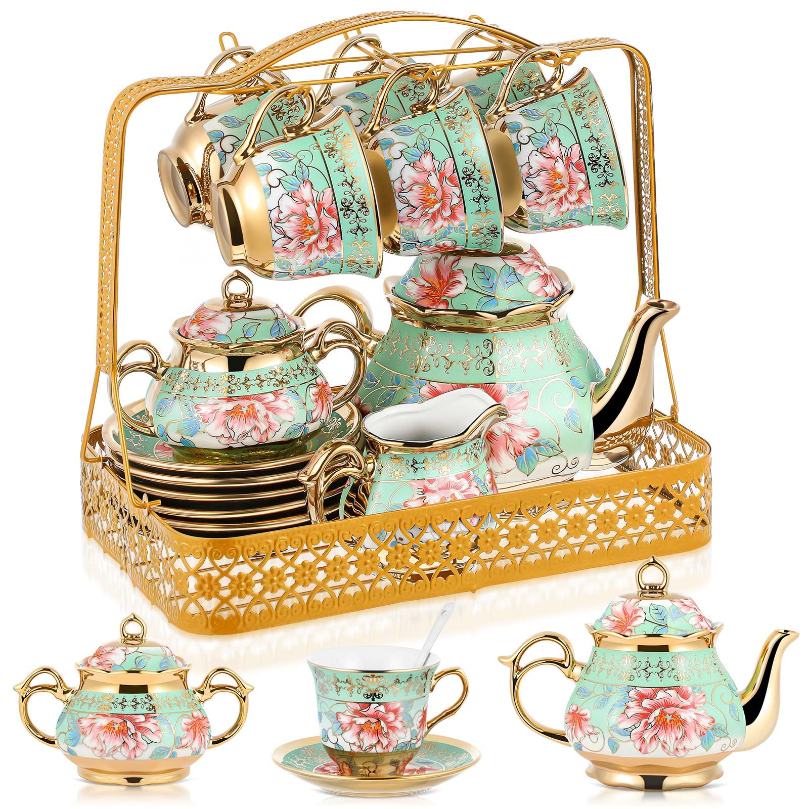 22 Pcs Christmas Porcelain Adult Tea Set Gift with Metal Holder European Ceramic Tea Set Tea Party Set for Adult Flower Tea Set for Women with Flower Painting Party(Cyan Flower)