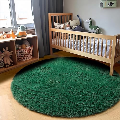 Miniatura 5 de PAGISOFE Alfombra redonda verde oscuro de 4 x 4 para dormitorio de niños, alfombras circulares suaves y esponjosas para niños y adolescentes,