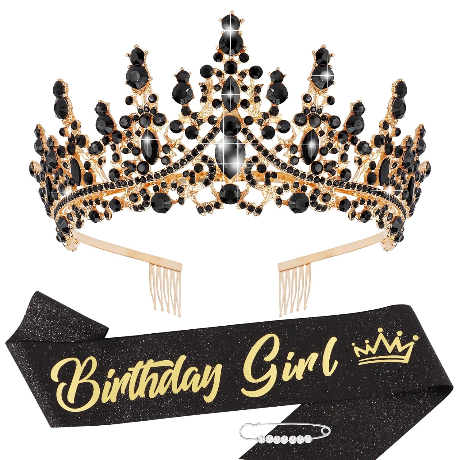 TOBATOBA Birthday Sash and Crown Set for Women and Girls - Black Tiara and Sash, Princess Decorations and Gifts
