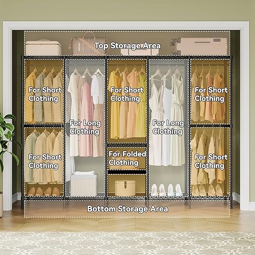 Miniatura 5 de H5 Perchero de alambre extra grande, perchero de ropa resistente, perchero independiente para colgar ropa, armario con estante ajustable, 93.3