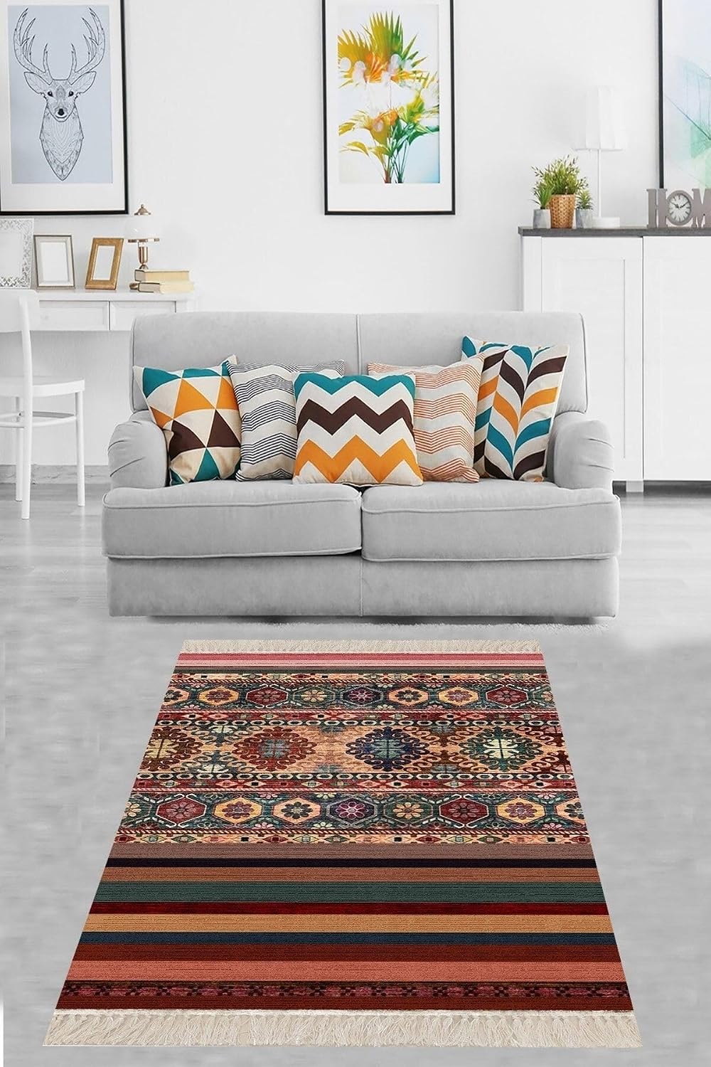Pelangi Kilim Desenli Etnik Dijital Baskı Yıkanabilir Kaymaz Taban Modern Salon Halısı Ve Yolluk, Kiremit-Yeşil 120 x 200