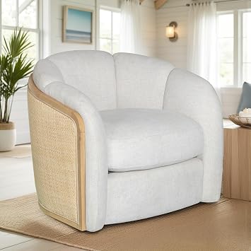 Armen Living Violet Accent Chair in Soft Oat Fabric with Natural Wood Finish and Rattan Back