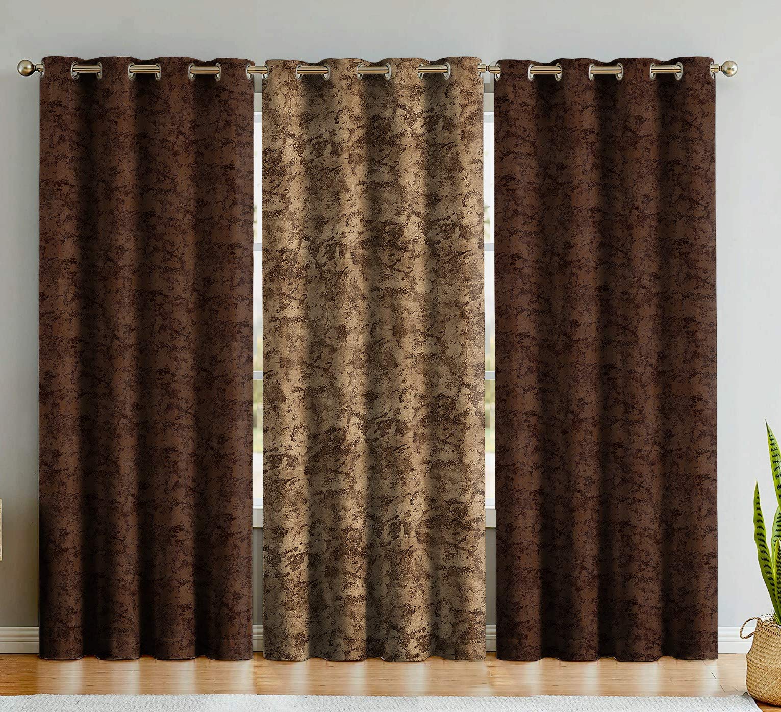 Rayna Decor Suede Velvet Texture Eyelet Window Curtain (Set of 3, 4.5 x 5 feet, Dark Chocolate : Bronze )