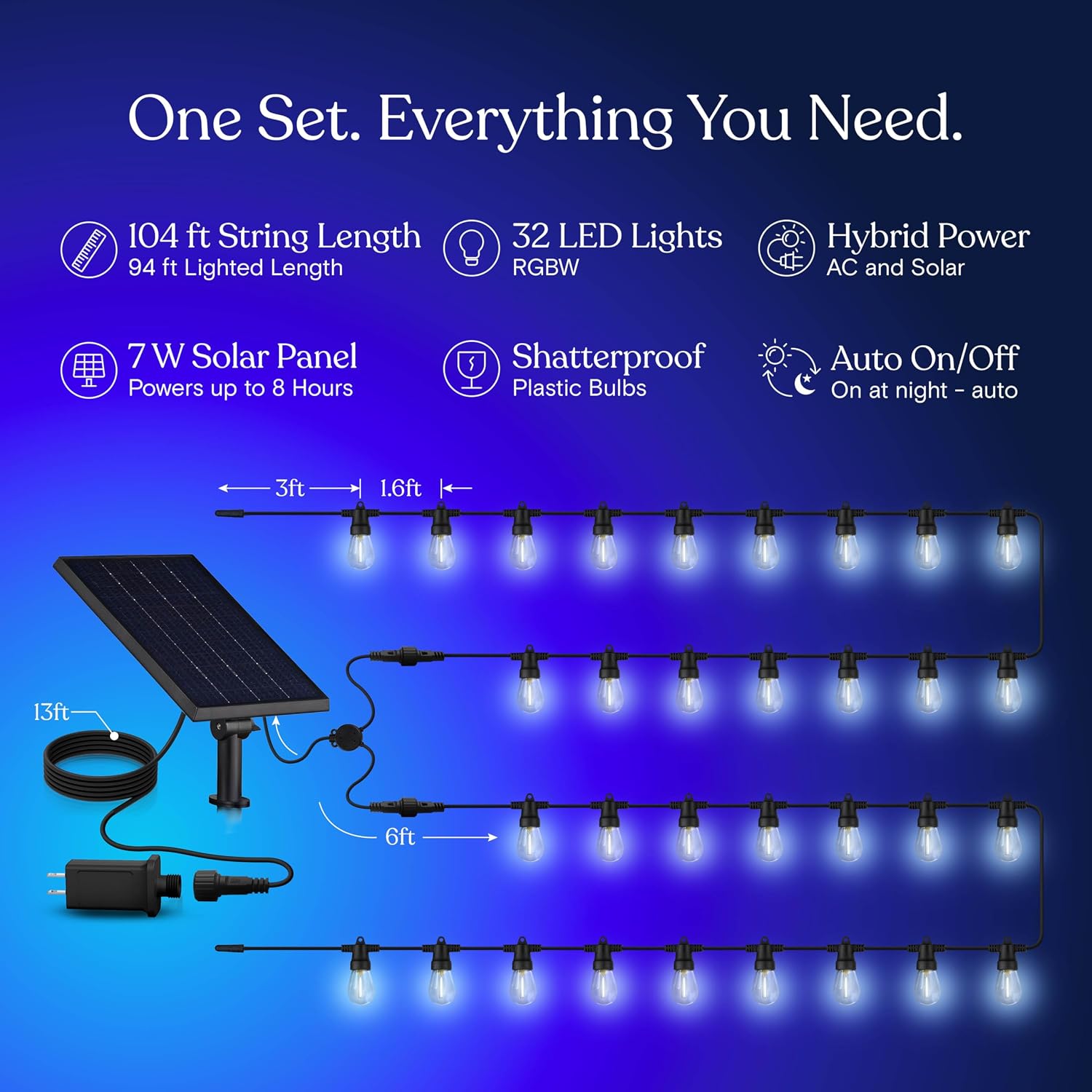 Brightech Ambience RGB Hybrid Outdoor String Lights - Dual Plug and Solar Powered Waterproof LED Light String for Outside, Camping, Patio, Cafe, Yard, Porch - Remote Control, 48 Edison Bulbs - 104ft
