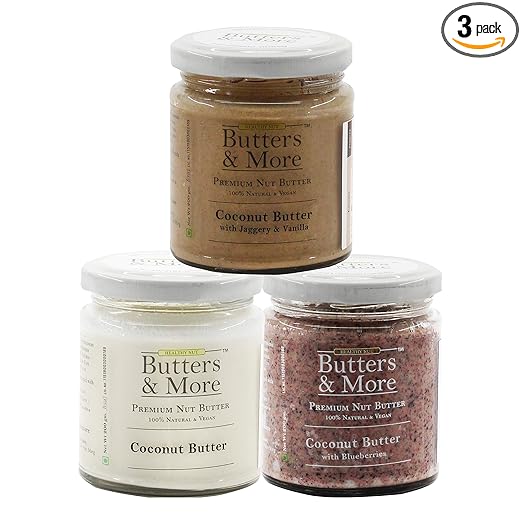 Butters & More Vegan Coconut Butter Combo. All Natural Coconut Butter, Coconut Butter w. Blueberries & Coconut Butter w. Jaggery + Vanilla. 200G Each.