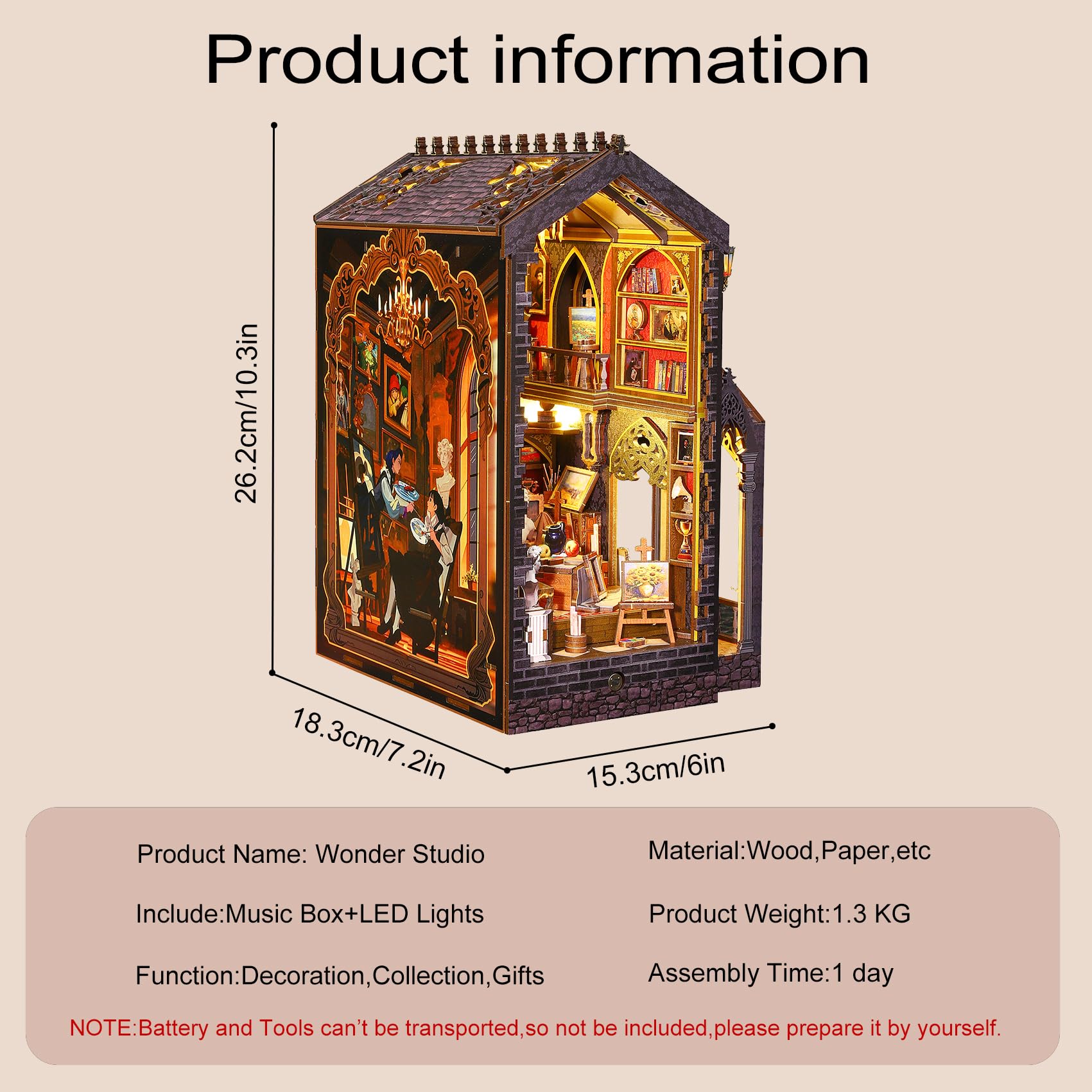 CUTEROOM Zestaw DIY do budowy niszy książkowej – drewniany domek dla lalek 3D Puzzle – miniaturowy zestaw do stworzenia cudownego pokoiku z LED i melodią – prezent dla miłośników sztuki i dekoracji