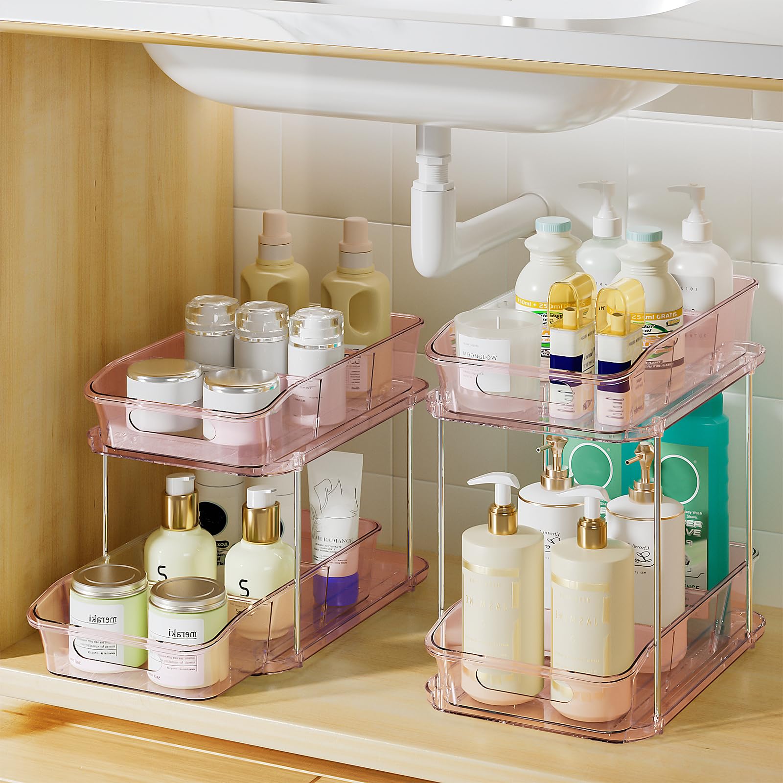 Delamu 2-Tier Under Sink Organizers and Storage, Multi-Purpose Stackable Bathroom Cabinet organizers, Pull Out Kitchen Pantry Organization and Storage with Dividers(2 Pack, Pink)