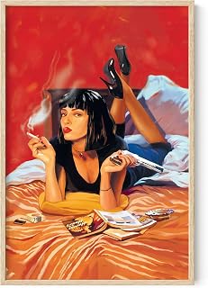HAUS AND HUES Movie Scene Posters for Room Aesthetic 90s Posters, Merchandise Art, College Wall Decor, Dorm Noir Film Vintage Poster (Framed Beige 24x36) Mia Wallace