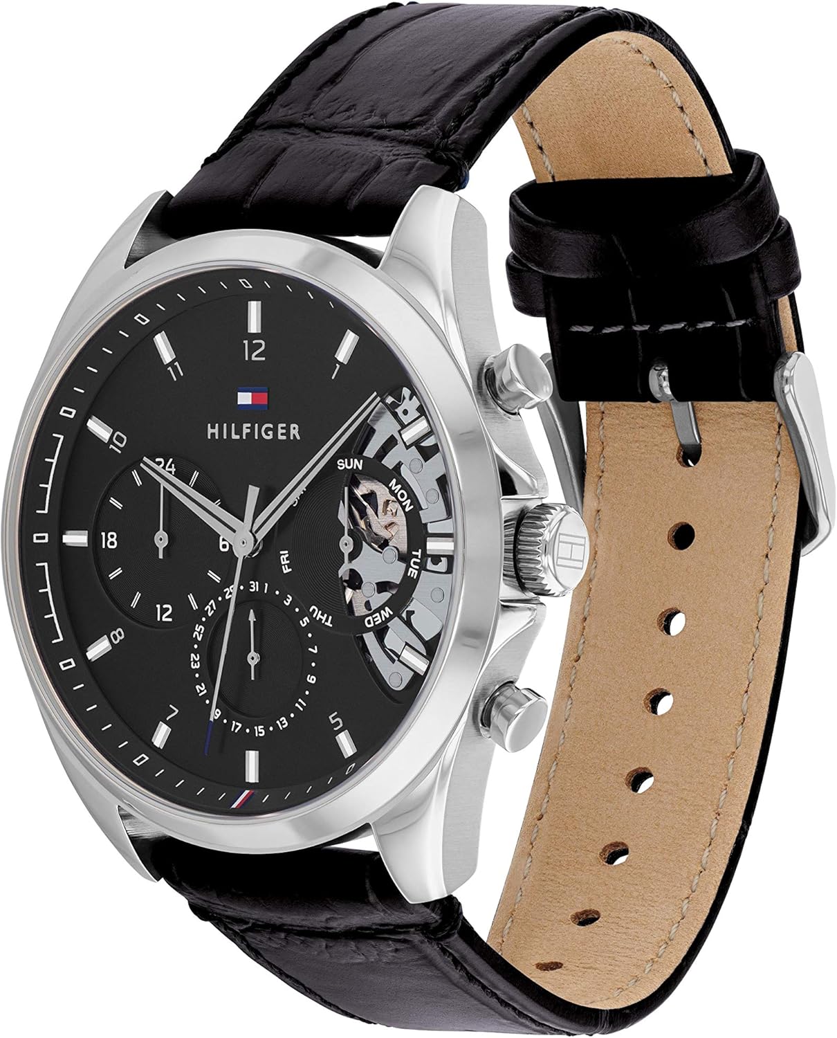 Tommy Hilfiger Men's Watch – Quartz Multifunction, 44 mm Stainless Steel Case, Skeleton Dial, Leather Strap – Dress Watch for Men
