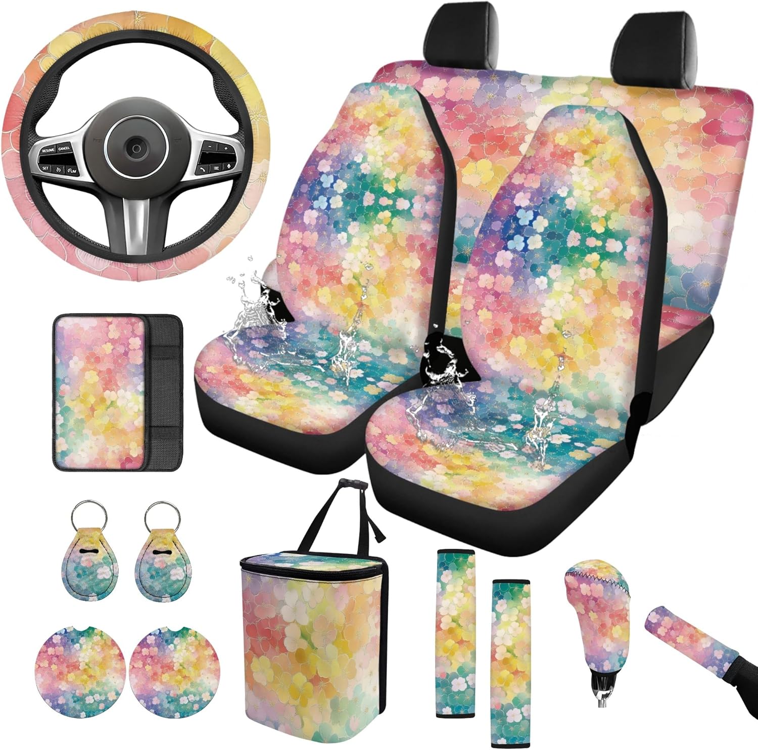 14 Pcs Floral Car Seat Covers Full Set Car Trash Can Coaster Seat Center Console Keychain Gear Lever and Handbrake Steering Wheel Seat Belt Covers/Ocean Mist