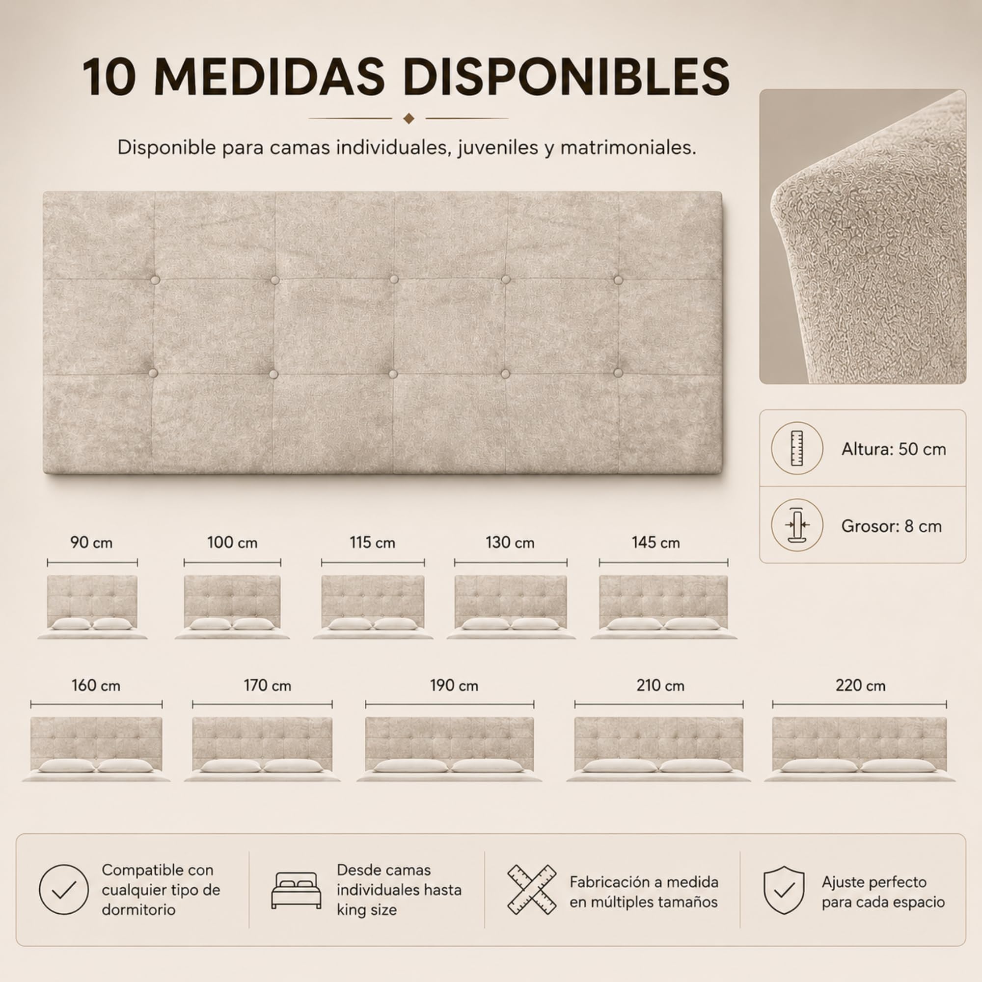 FISIO Dreams Cabecero Tapizado Tela Nido Diamante para Cama 90, 105, 135, 150, 160, 180 y 200 cm | Cabezal Acolchado Moderno | Tela Acualine Repelente al Agua