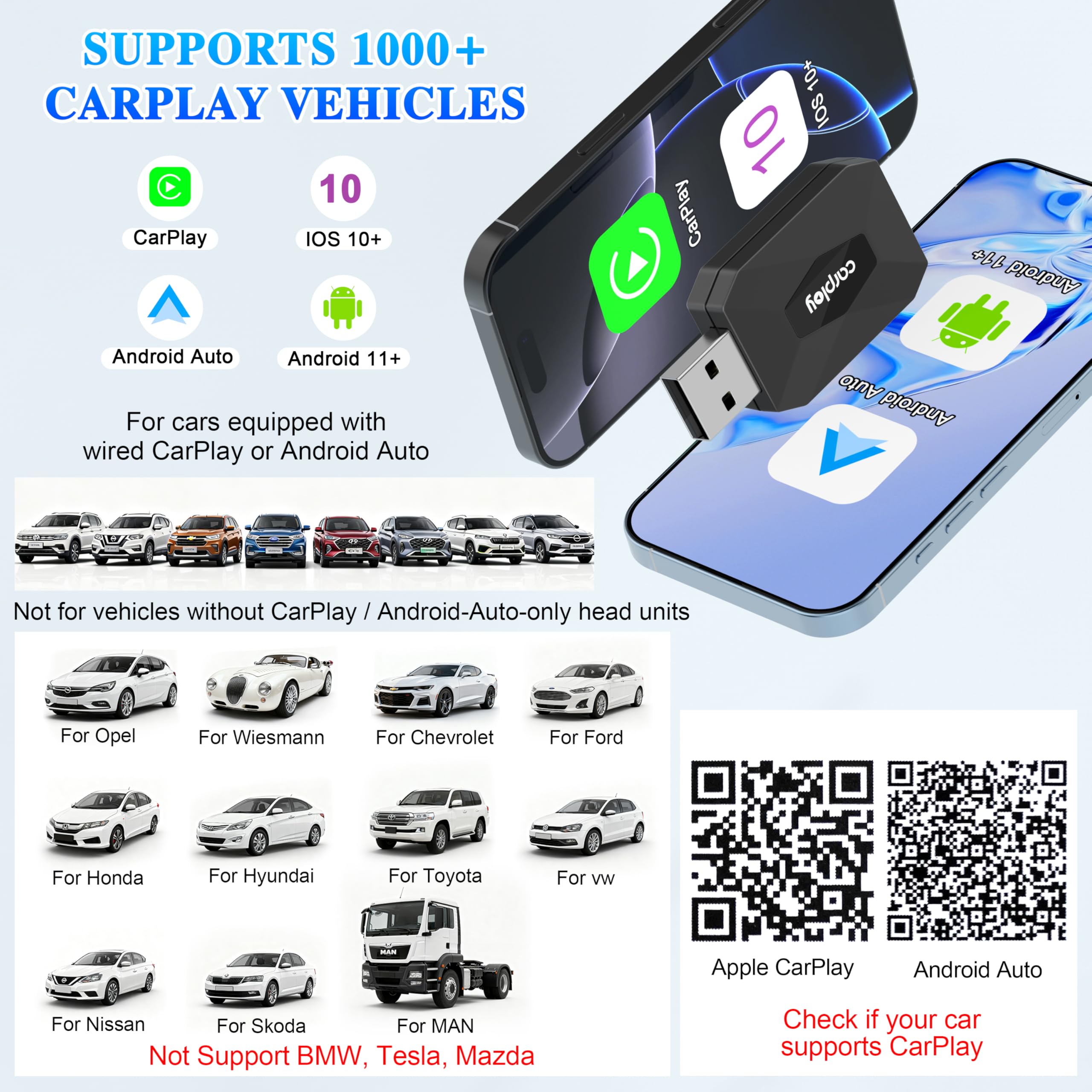 Wireless CarPlay Adapter, 2026 Upgrade 3X Schnelleres Auto-Verbindung & Keine Latenz, Plug & Play, Bluetooth 5.3 & WiFi 6, iOS 10+/Android 10+, 927+ Autos (Dual-System für Apple & Android, Schwarz)