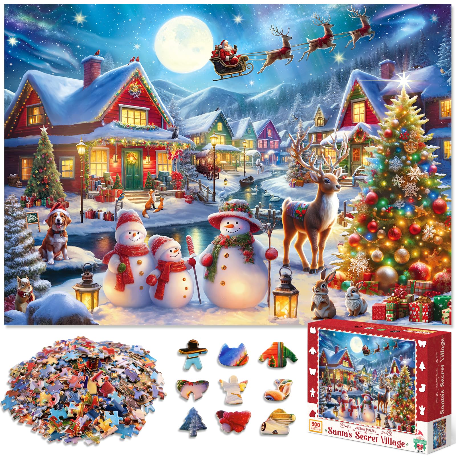 500 Piece Christmas Puzzle for Adults and Kids Santa's Secret Village Jigsaw Puzzle with Irregular Shape Christmas Puzzle Gift for Adults and Teens Family Challenging Puzzle Perfect for Game Nights