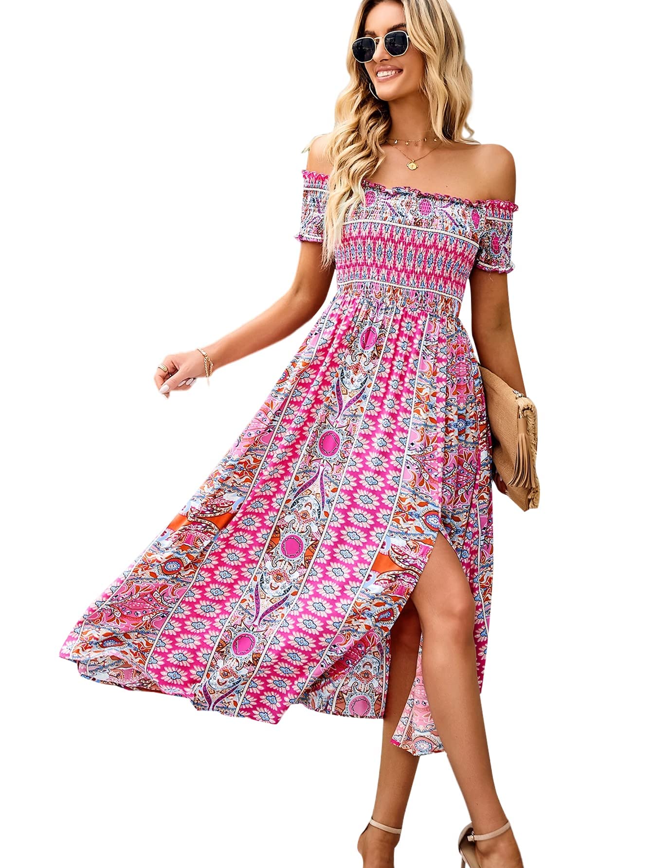 VssjavunWomen's Boho Flowy Off The Shoulder Maxi Dresses Smocked Beach Vacation Summer Spring Dress