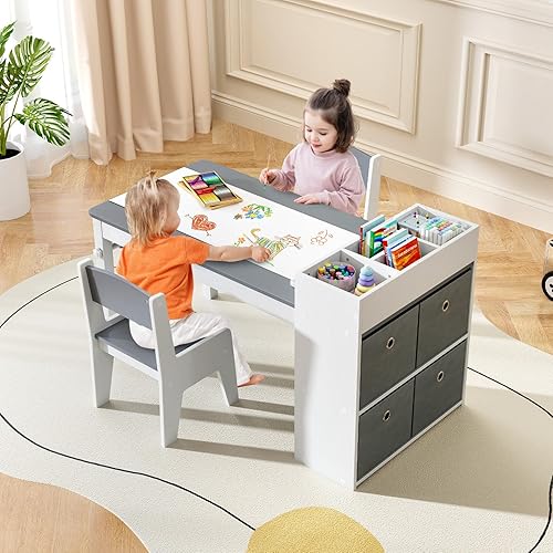 Miniatura 2 de INFANS Juego de mesa y silla de arte 2 en 1 para niños, escritorio de actividades de madera con 2 sillas de almacenamiento, contenedores de lona,
