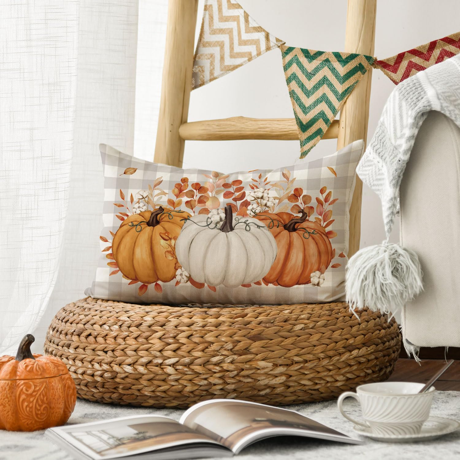 AVOIN Colorlife Fall Black And White Buffalo Plaid Check Pumpkin Thank