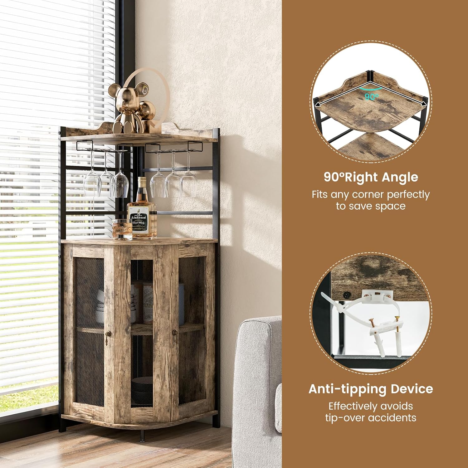 LOKO Corner Wine Bar Cabinet, Industrial Wine Cabinet with Metal Mesh Doors & Adjustable Shelf, Liquor Cabinet with Anti-toppling Device, Rustic Brown, 19 x 19 x 51 Inches (Taupe)