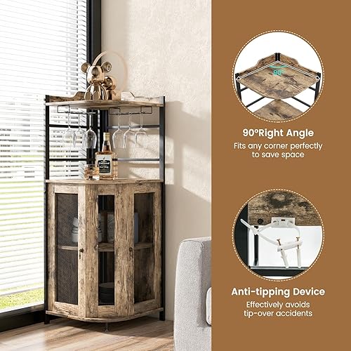 Miniatura 6 de LOKO Armario esquinero para bar de vinos, gabinete industrial para vinos con puertas de malla metálica y estante ajustable, gabinete de licor con
