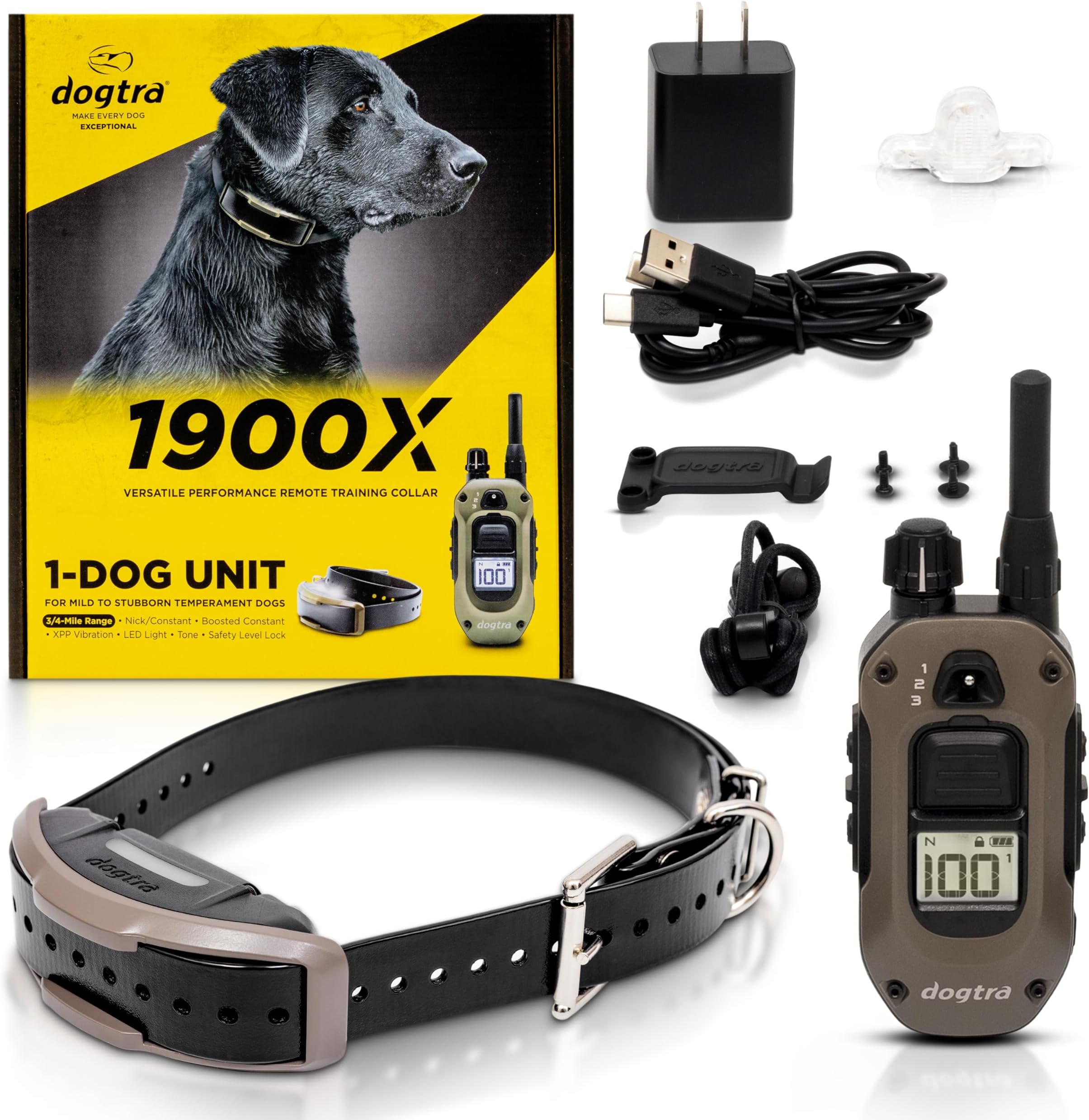 1900X E-Collar with Remote [New Edition] 35 lbs+, 3/4 Mile Range, LED Light, 100 Levels of Precise Control for Stubborn Dogs, Waterproof, Boost for Quick Recall, Vibration, Safety Lock & Tone