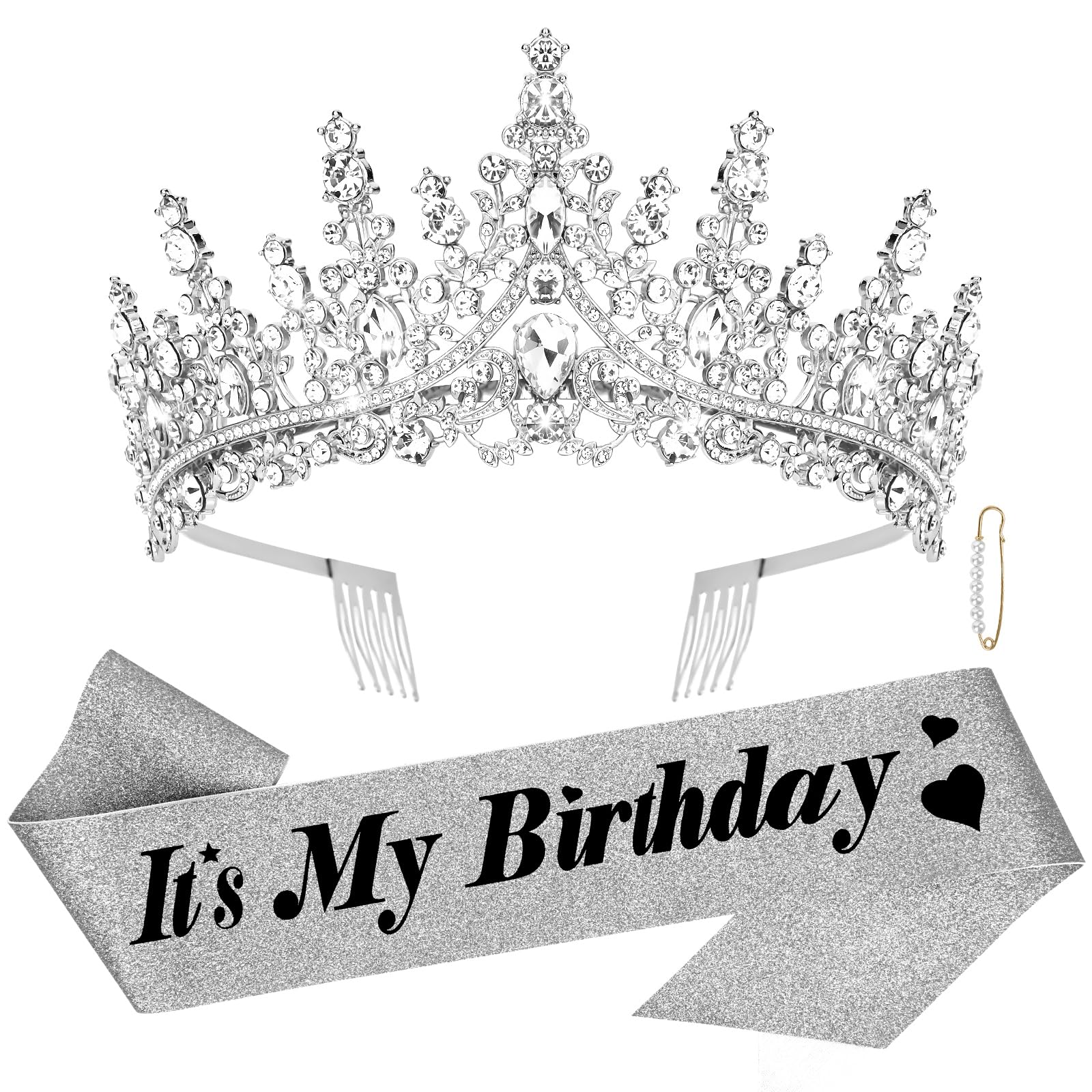 CURASA Birthday Tiara and Sash - Silver Birthday Crown for Women, Perfect for Parties and Celebrations