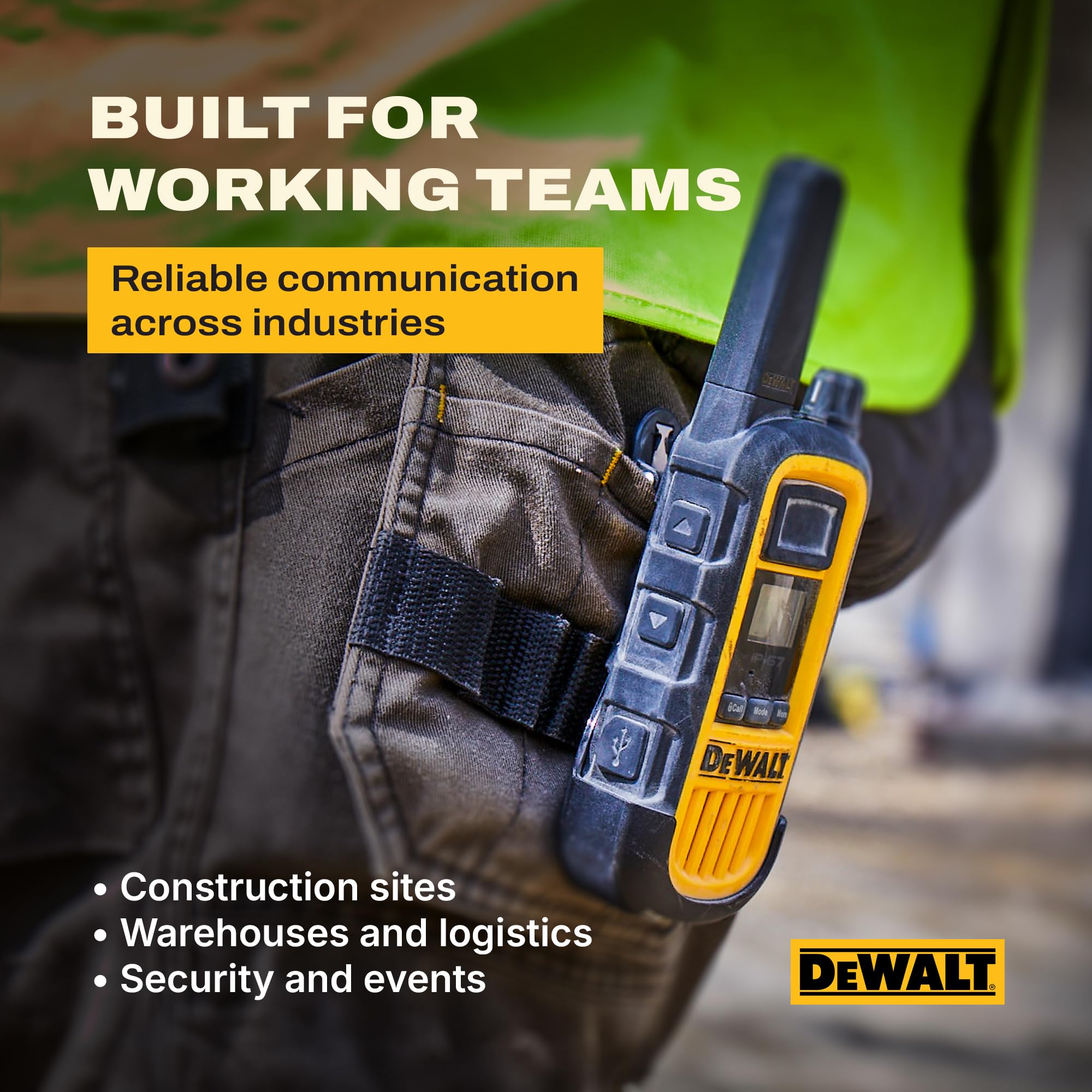DeWALT Long Range Walkie Talkies for Adults - Professional Rechargeable Walkie Talkies with Charging Dock, VOX Licence-Free Handheld Two Way Radios for Work, Construction & Warehouse Teams. 6 Pack — view 6