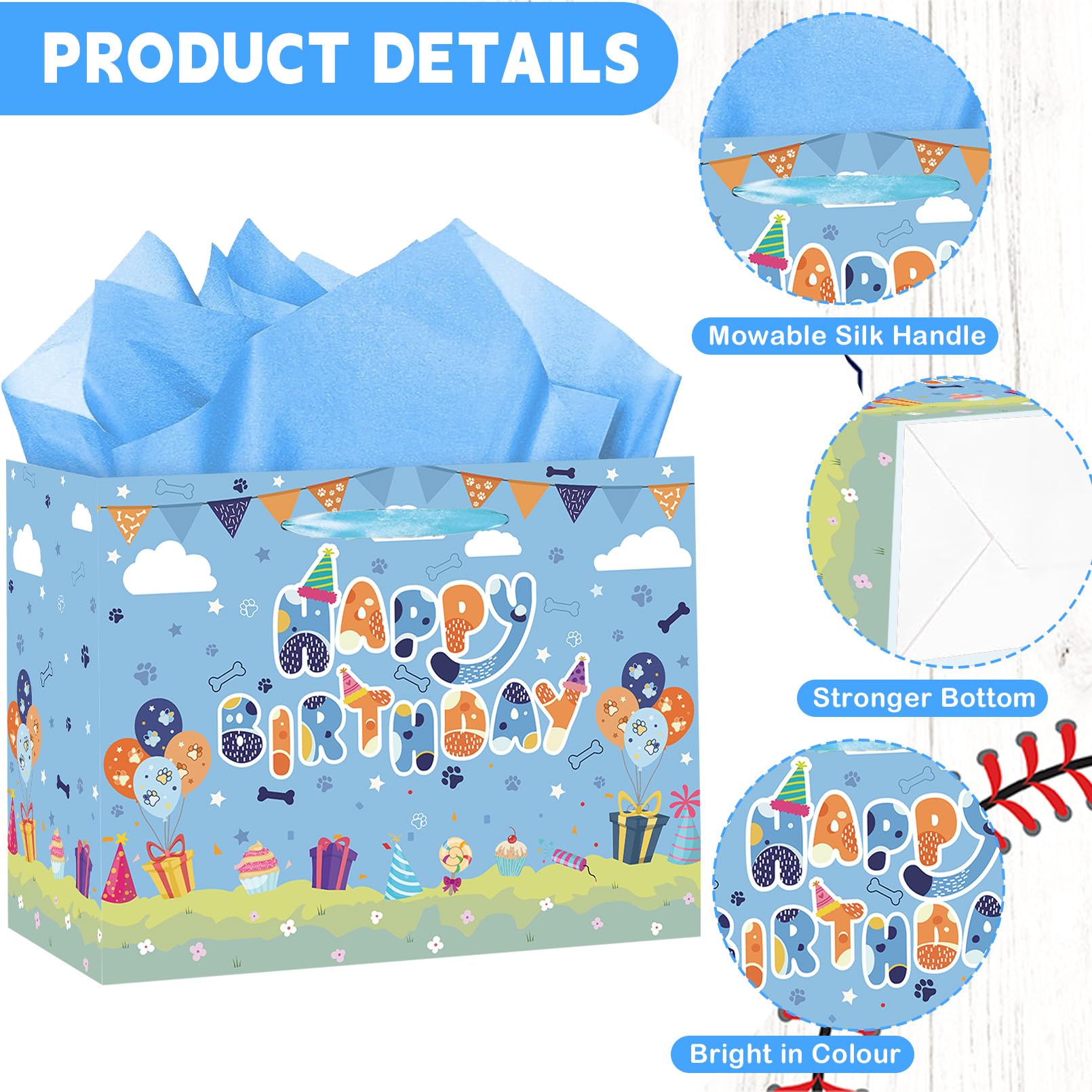 HZRNNA Blue Paw Print Gift Bag, Large Dog Birthday Gift Bag with Tissue Paper and Card, Dog Themed Birthday Decorations for Boys, Newborn, Baby Shower Party Supplies