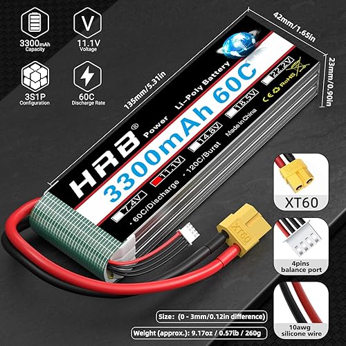 Miniatura 4 de HRB Batería Lipo 3S 11.1V 3300mAh 60C con conector XT60 compatible con avión RC, helicóptero RC, coche RC, camión RC, barco RC