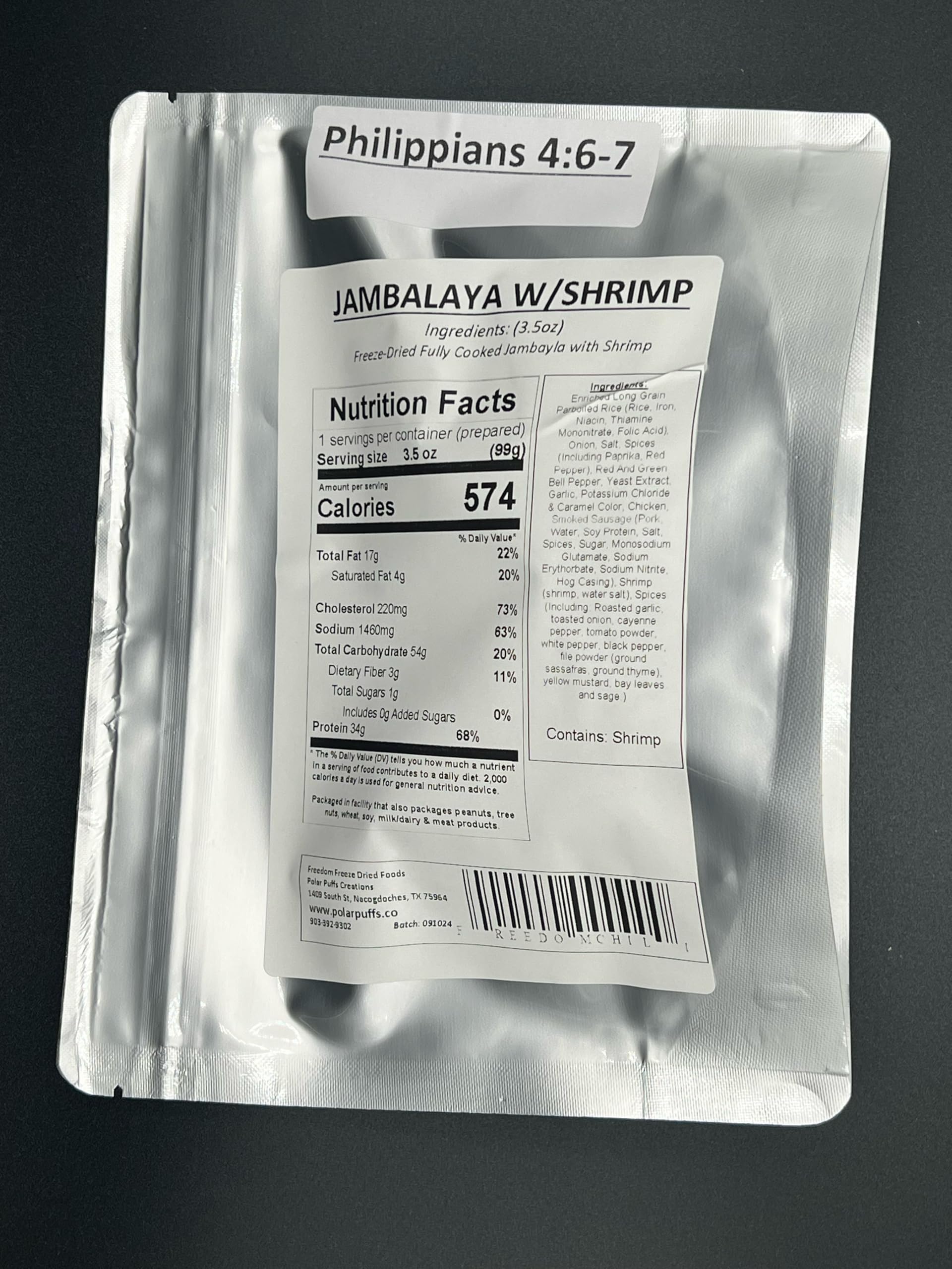 Freedom Freeze Dried Jambalaya with Shrimp, BIG PORTION Single Serving Meal, 3.5 oz, Cajun Spices, Camping, Hiking, Hunting, Prepper Meals, Survival Meals, Long Term Storage Meals, Freeze Dried Meals