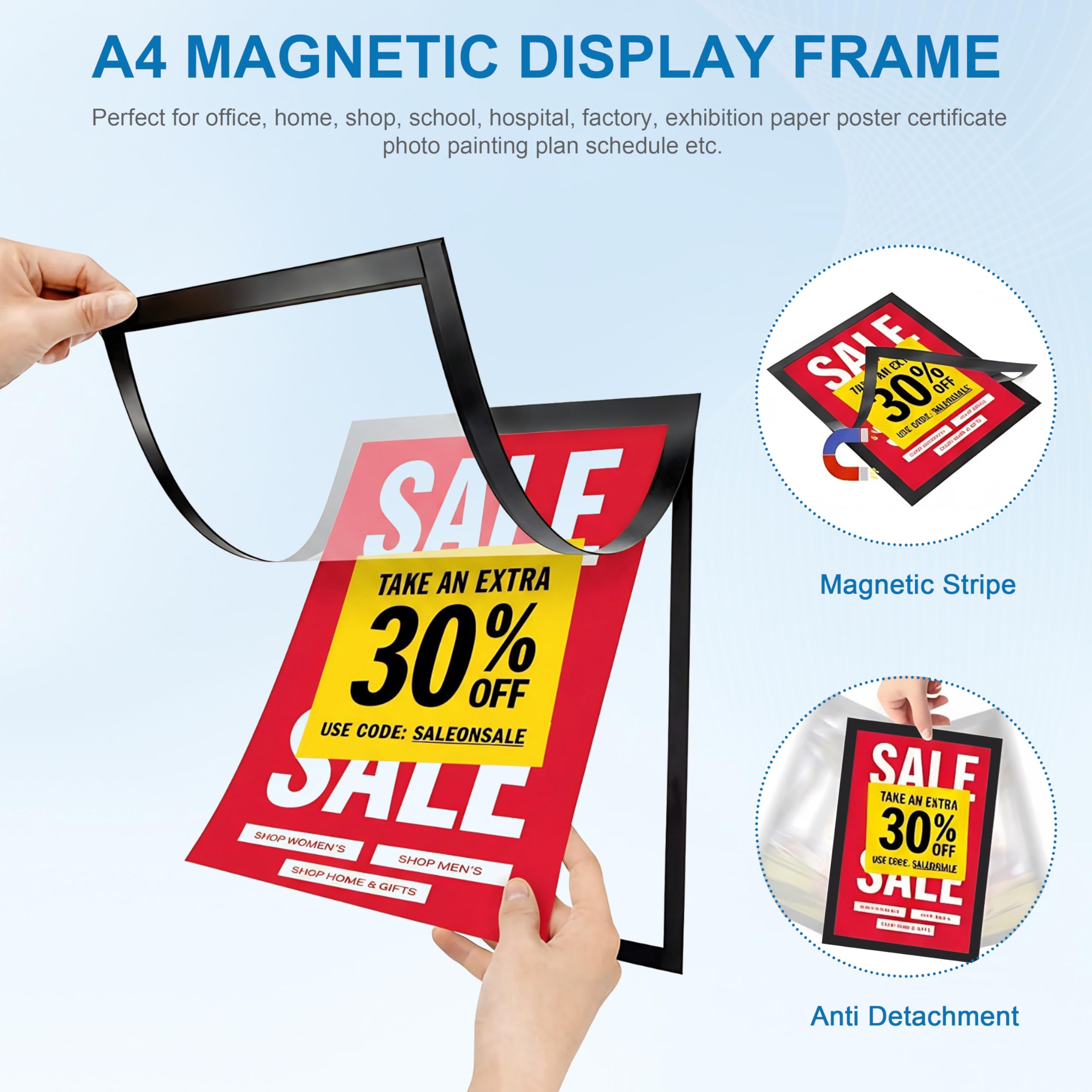 Cornice Magnetica Autoadesiva A4 10 Pezzi Cornice magnetica per Display in PVC, Display Impermeabile per Segnaletica, Foto, Documenti, Pareti e Finestre,Chiusura Magnetica Nero
