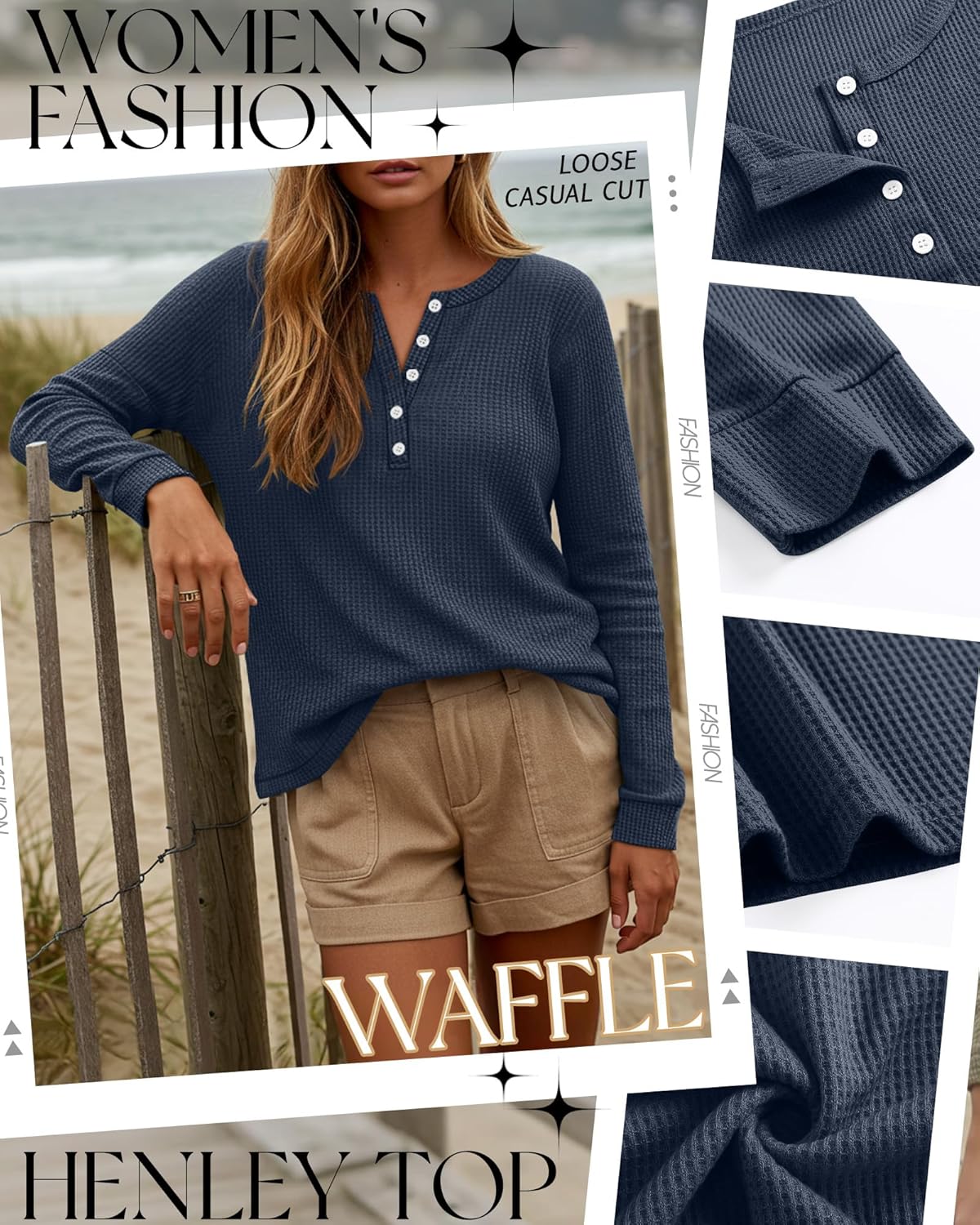 3 Pack Women's Oversized Waffle Knit Shirts Long Sleeve Henley V Neck Tops Button up Loose Casual Pullover Sweater - Image 5