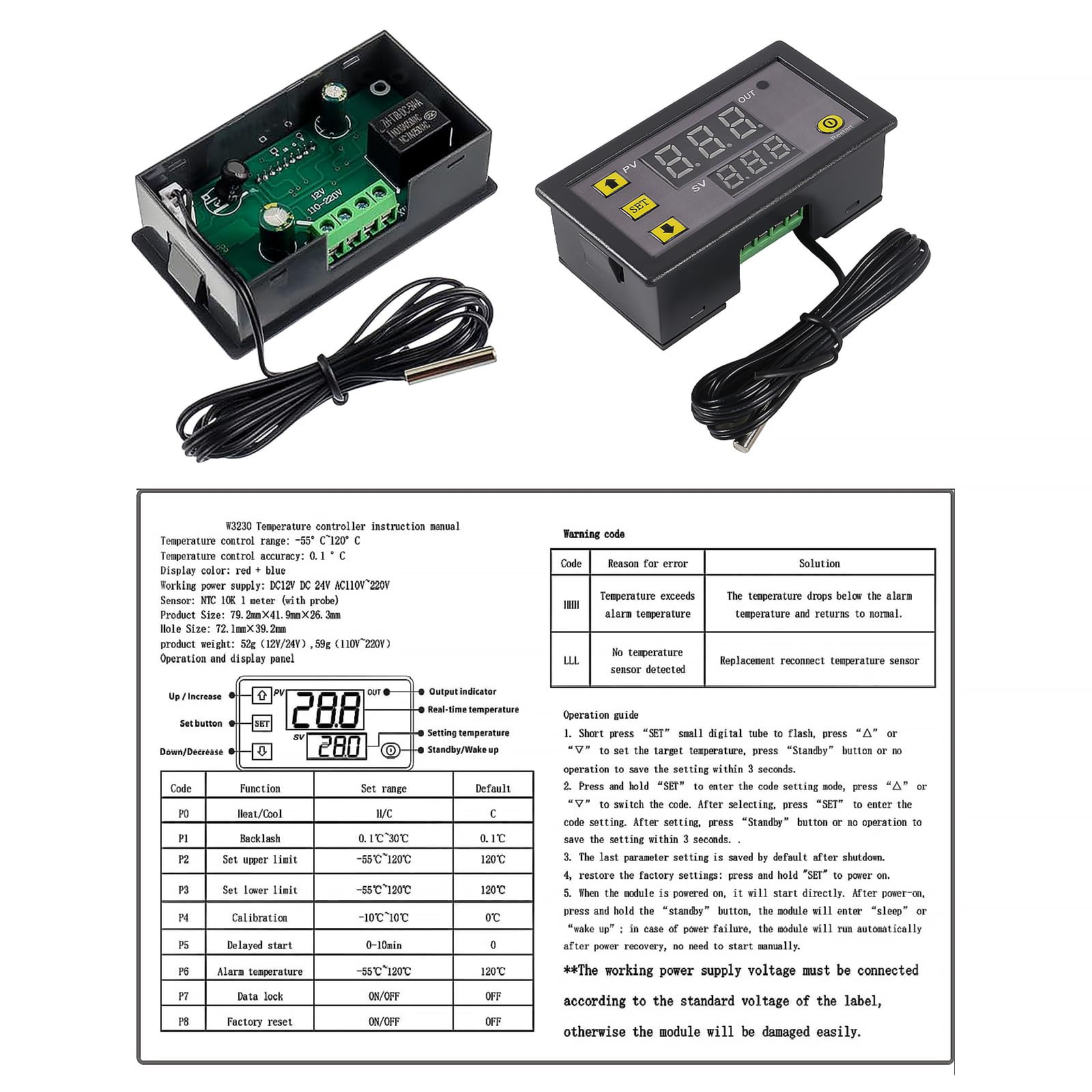 Cyfrowy regulator temperatury W3230 z wodoodpornym czujnikiem AC 110-220 V, programowalny termostat elektroniczny od -50℃ do 120℃