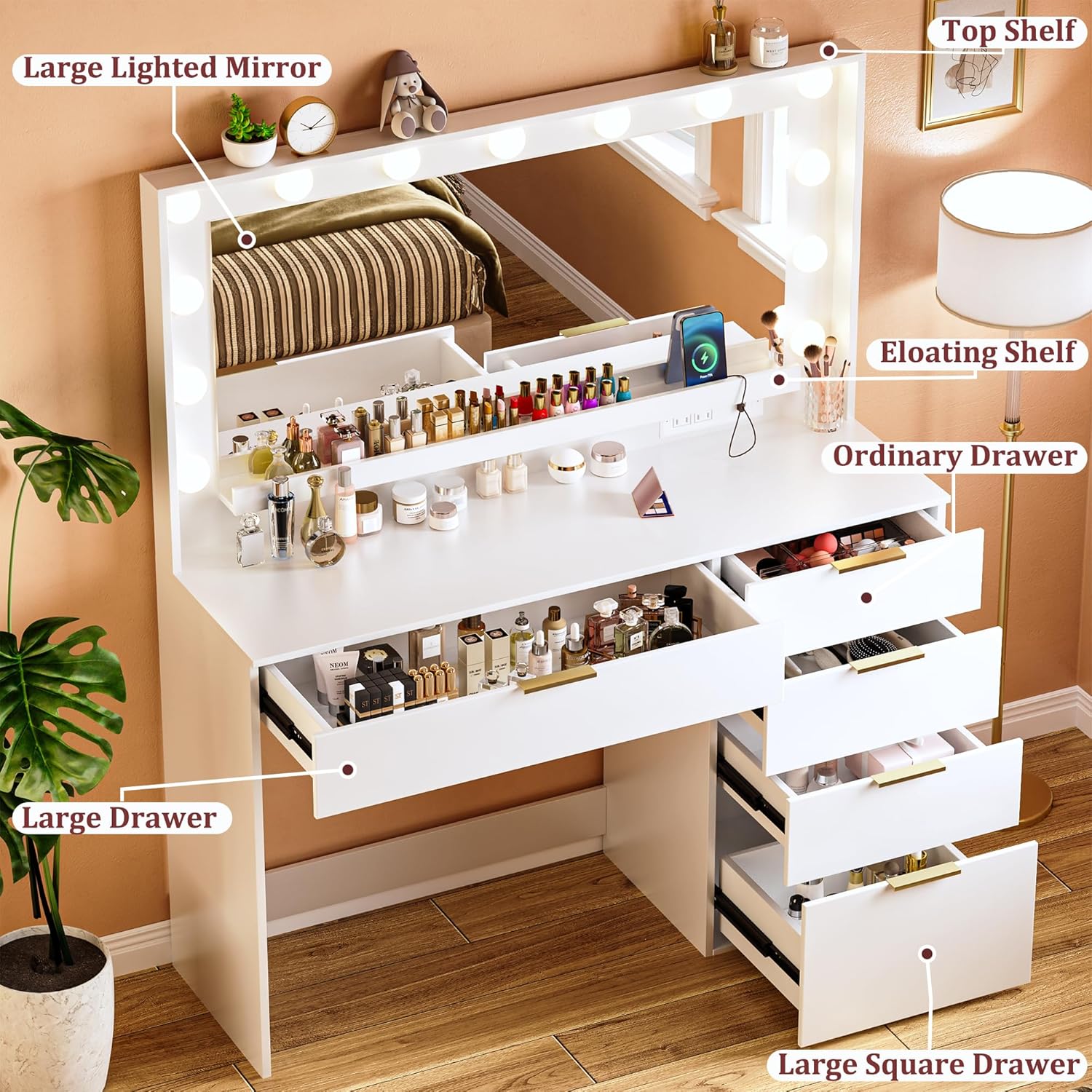 Vanity Desk with Mirror and Lights, Makeup Vanity with Large Mirror & 13 Lights, White Vanity with 5 Drawers, 3 Lighting Modes Adjustable, Vanity Desk with Power Outlet for Bedroom