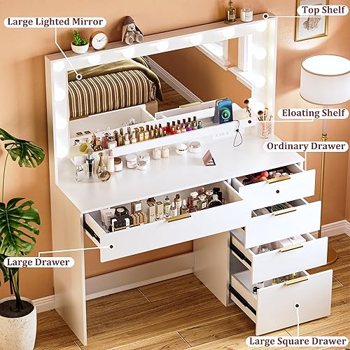 Miniatura 3 de Escritorio de tocador con espejo y luces, tocador de maquillaje con espejo grande y 13 luces, tocador blanco con 5 cajones, 3 modos de iluminación