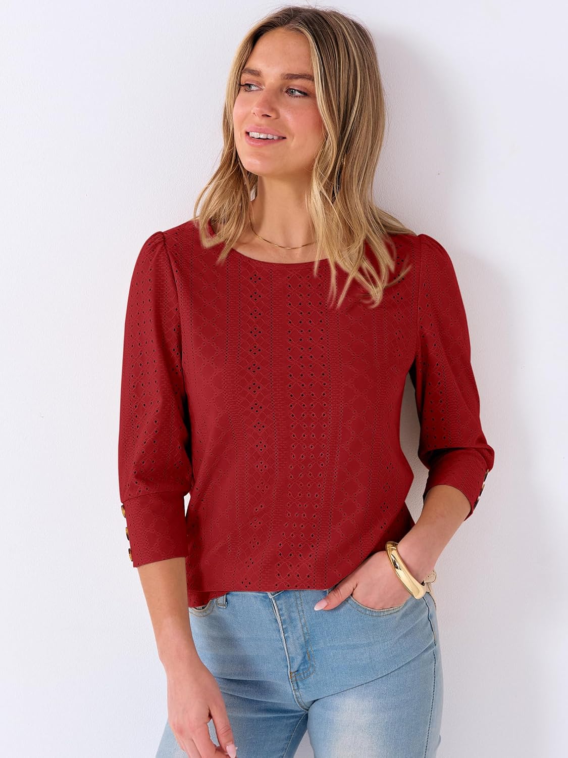 ANRABESS Womens Tops 3/4 Sleeve Dressy Casual Blouses with Buttons Summer Eyelet Business Shirts Tunics 2026 Spring Clothes - Image 4