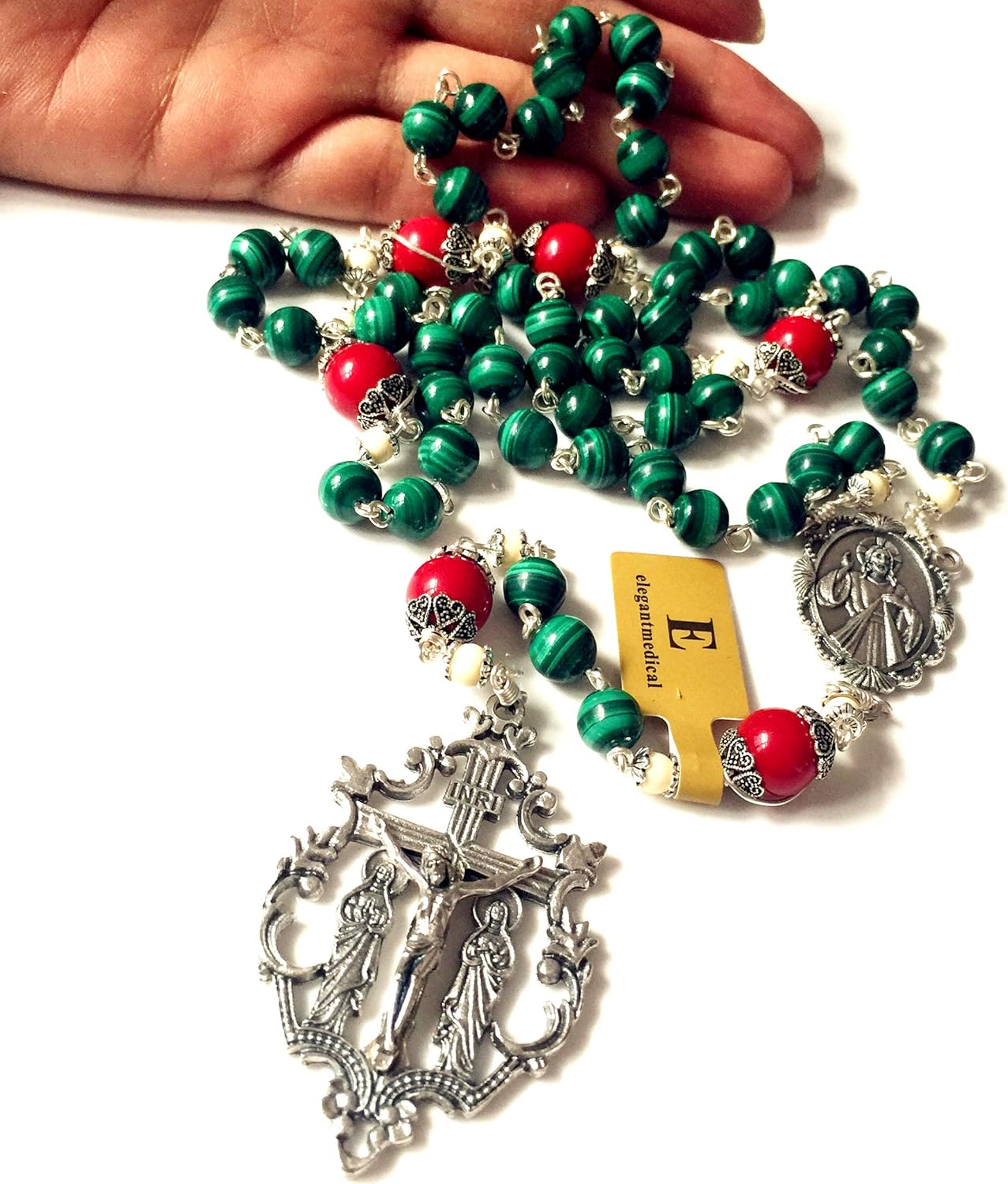 elegantmedical Handmade Malachite & Red Coral Rosary Beads Cross Necklace Catholic Gifts - Image 5