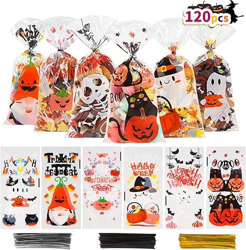 LOKIPA 120 bolsas de celofán de Halloween, 6 estilos de bolsas de celofán de Halloween con 150 lazos giratorios para regalos de fiesta de truco o