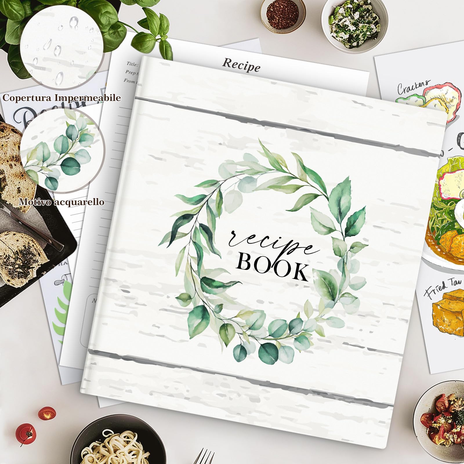 Lanpn Raccoglitore per Ricette, libro Ricettario Quaderno per Ricette da Scrivere a 3 Anelli con 8 Divisori & 2 Adesivi, Recipe Binder Cook Book Journal to Write in Your Own Recipes, Inglese
