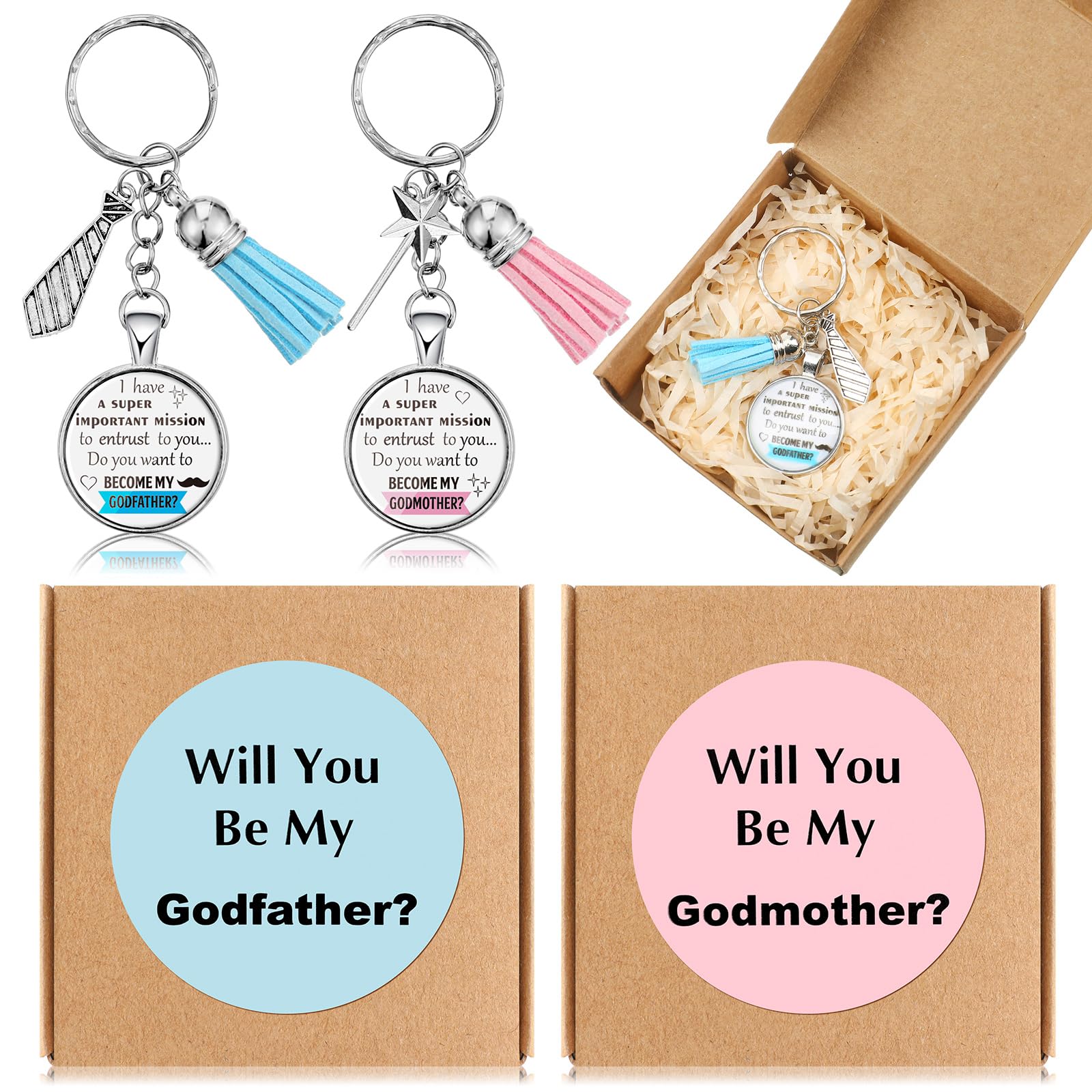 Ecation 2 Set Will You Be My Godparents (Godmother and Godfather) Godparents Proposal Gifts Godmother and Godfather Proposal Appreciation Keychains Gifts with Box for Godmother and Godfather