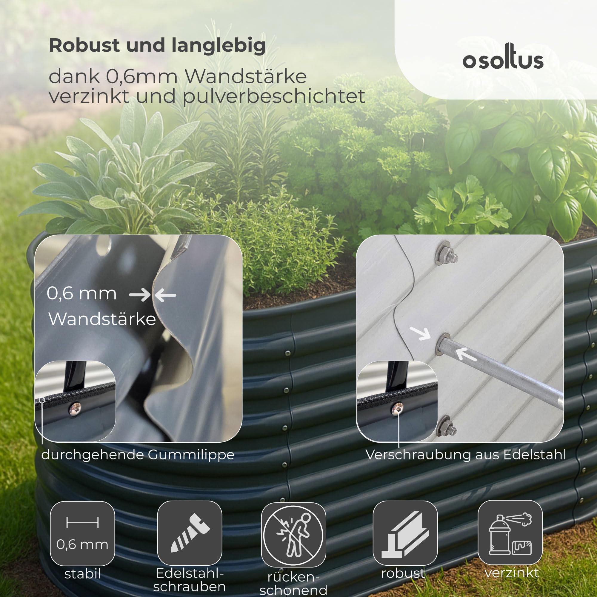 Hochbeet Garten Balkon optionaler Gewächshausaufsatz | stahlverzinktes & pulverbeschichtetes 0,6mm Metall anthrazit - Edelstahlschrauben (800L Hochbeet)