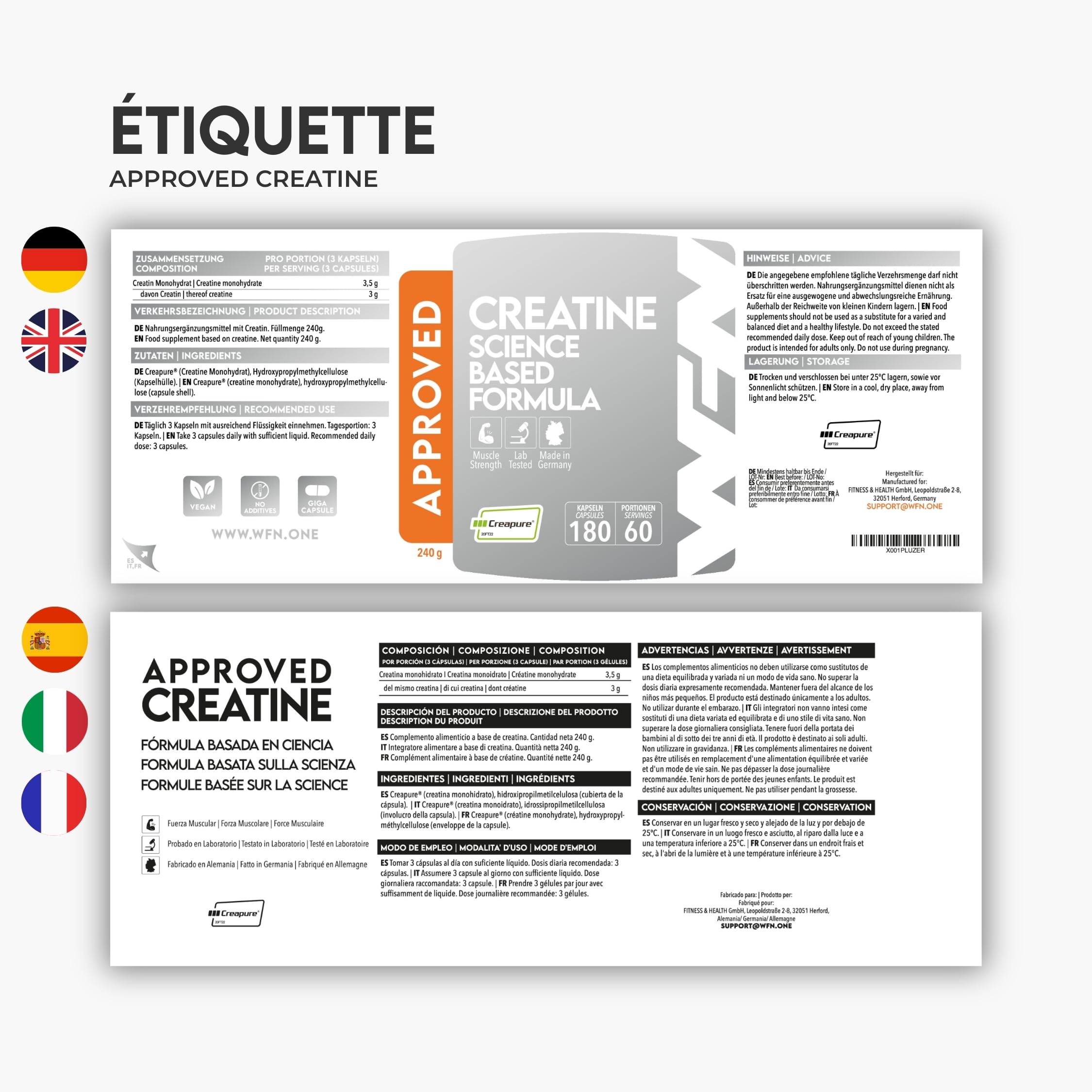 WFN Approved Creatine Capsule - Créatine Monohydrate Creapure Gelules - 180 Gélules - 60 Portions - Végétalien - Testé en Laboratoire